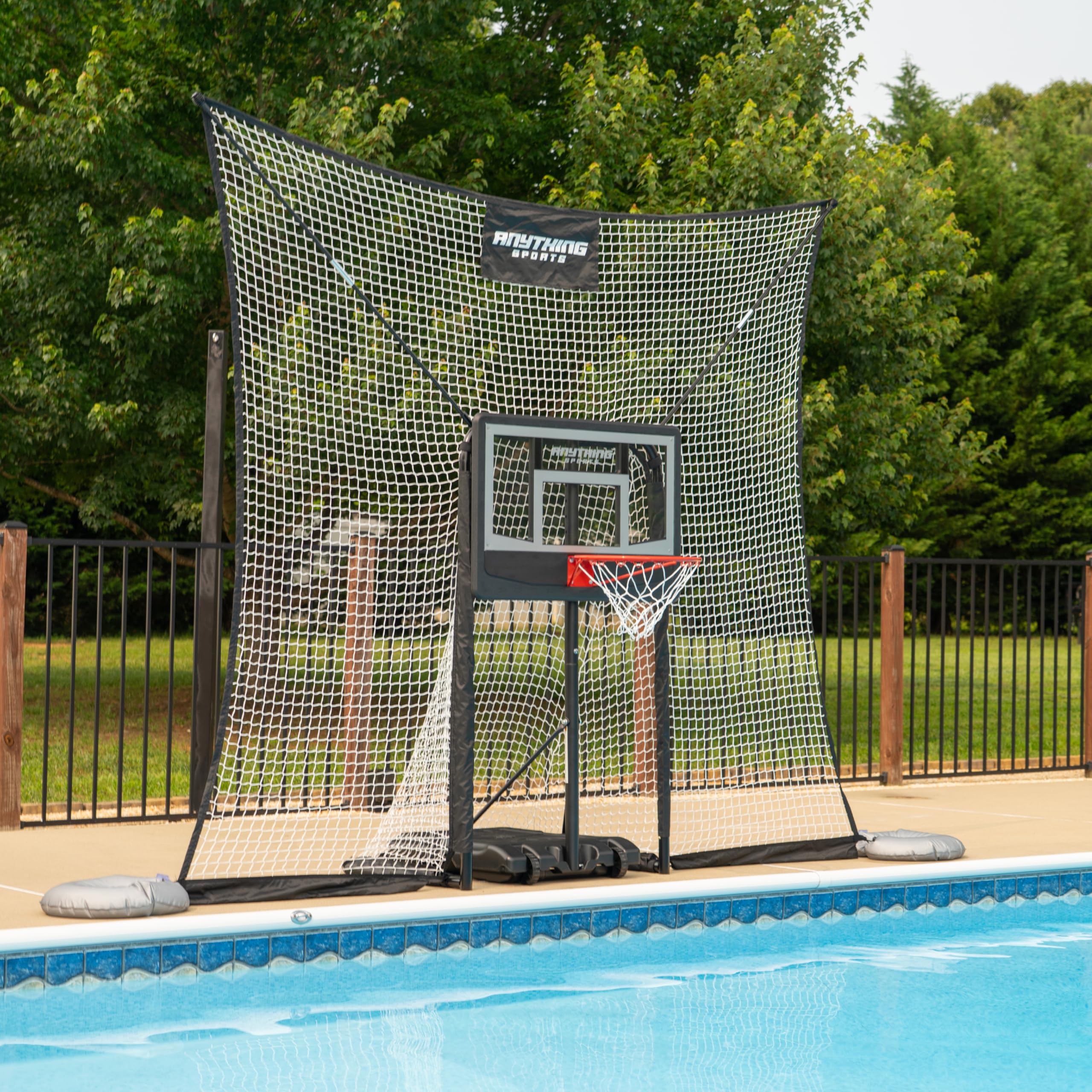 Photo 1 of Pool Basketball Hoop with Backstop – Adjustable Poolside Basketball Goal with 10x8 FT Ball Backstop, 23x33 Inch Backboard | Stay-in-Pool Design | Easy Setup | 12-Month Warranty