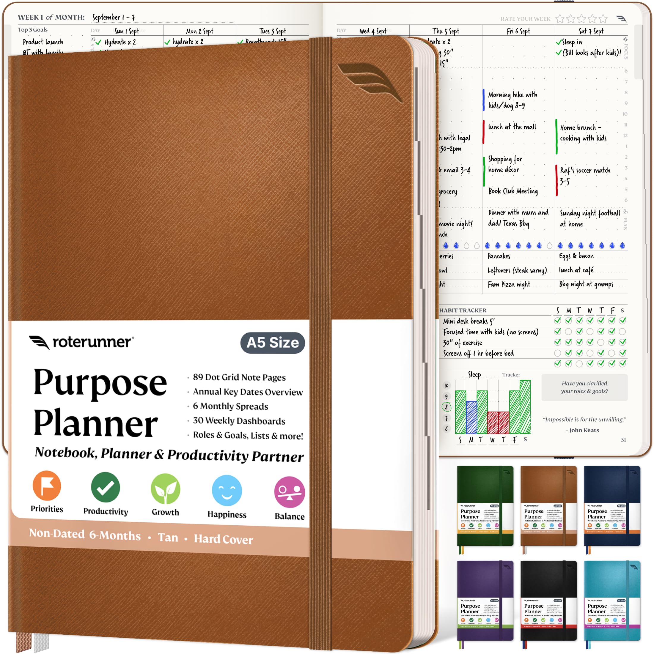 Purpose Planner A5 Undated Monthly Weekly Daily Productivity Journal 2024 Life Health Goal Setting Business Tool for Professionals Moms Academic Student Organizer Notebook (5.8"x8.3" Tan Hardcover)