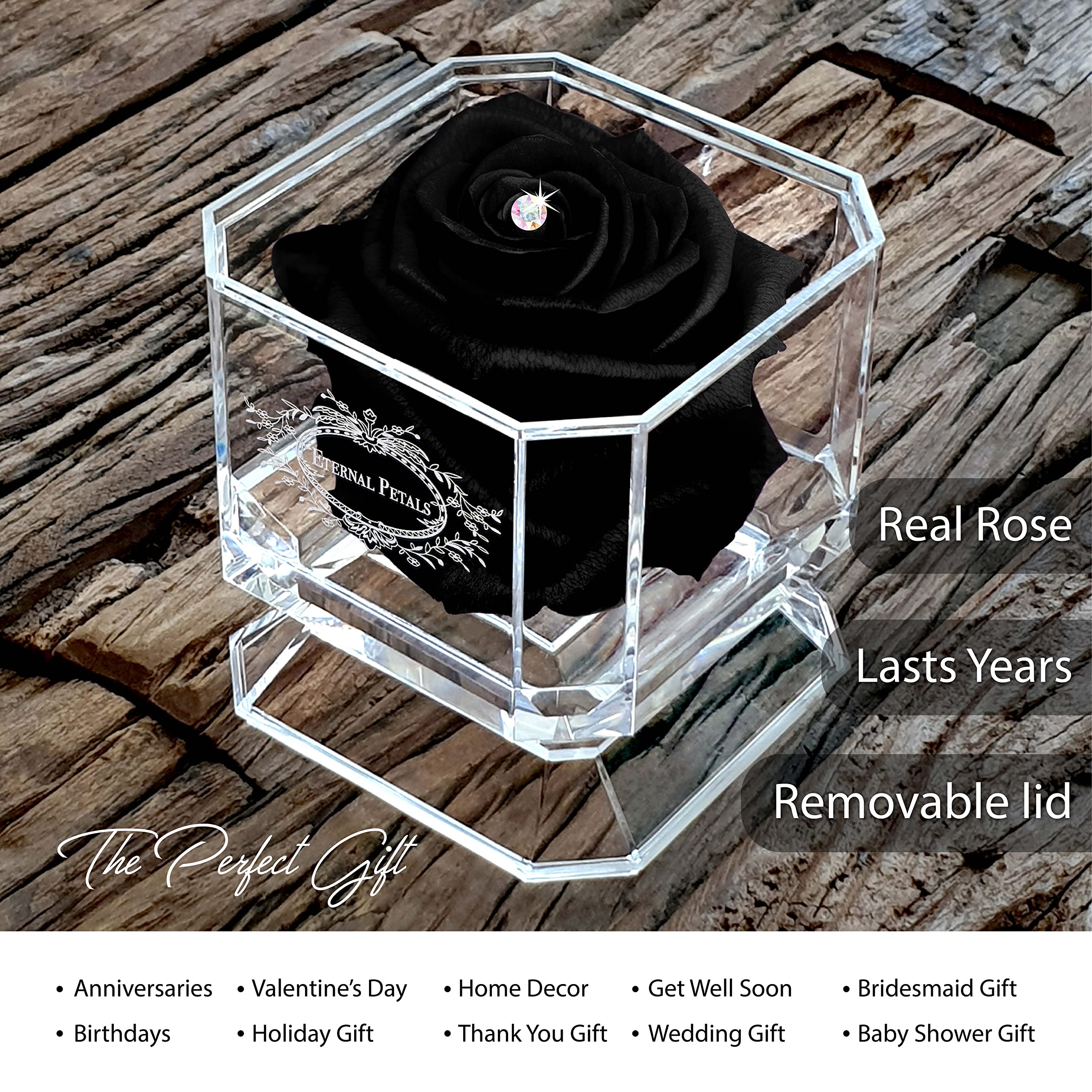 Eternal Petals White Gold Solo Rose with Multicolor Swarovski Crystal Black