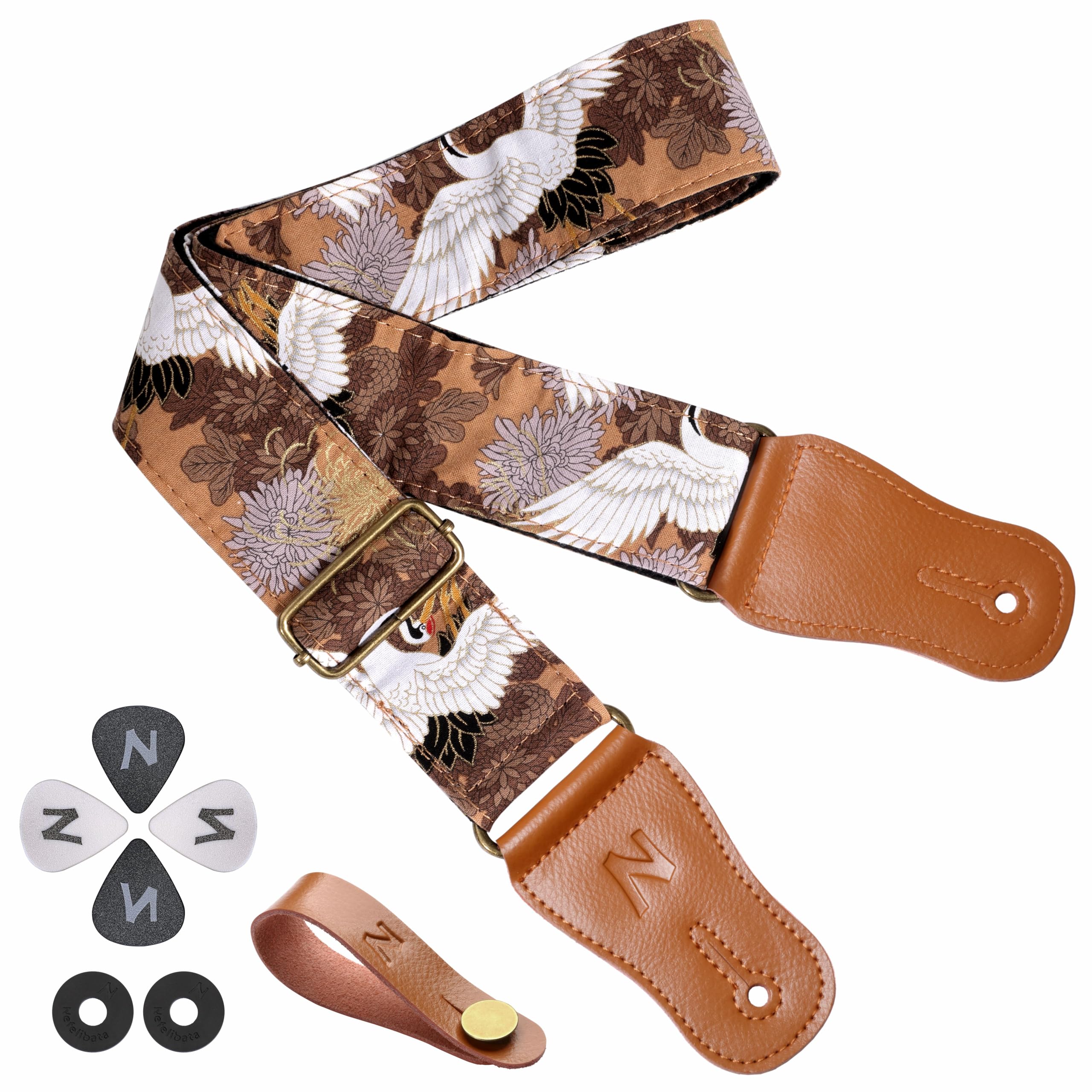 Nefelibata Japanese Cotton Guitar Strap for Acoustic Guitar, Ukulele, Free Headstock Strap Adapter, Strap Button, Guitar Picks and Strap Locks(White Crane)