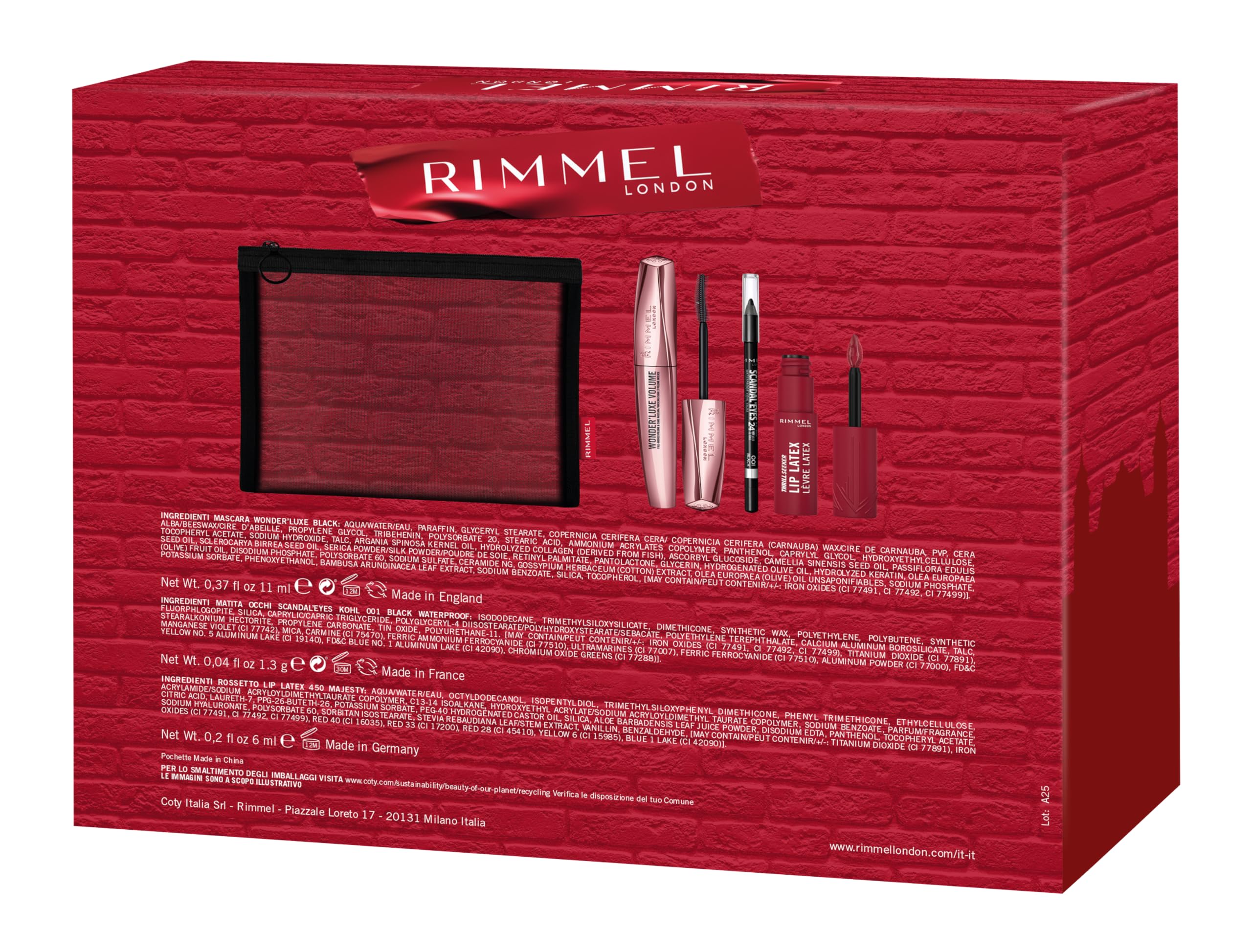 Rimmel London Cofanetto Regalo Live Your London Look, Pochette con Mascara Wonder'Luxe Volume, Matita Occhi Scandal'Eyes Kohl Black Waterproof e Rossetto Liquido Thrill Seeker Lip Latex