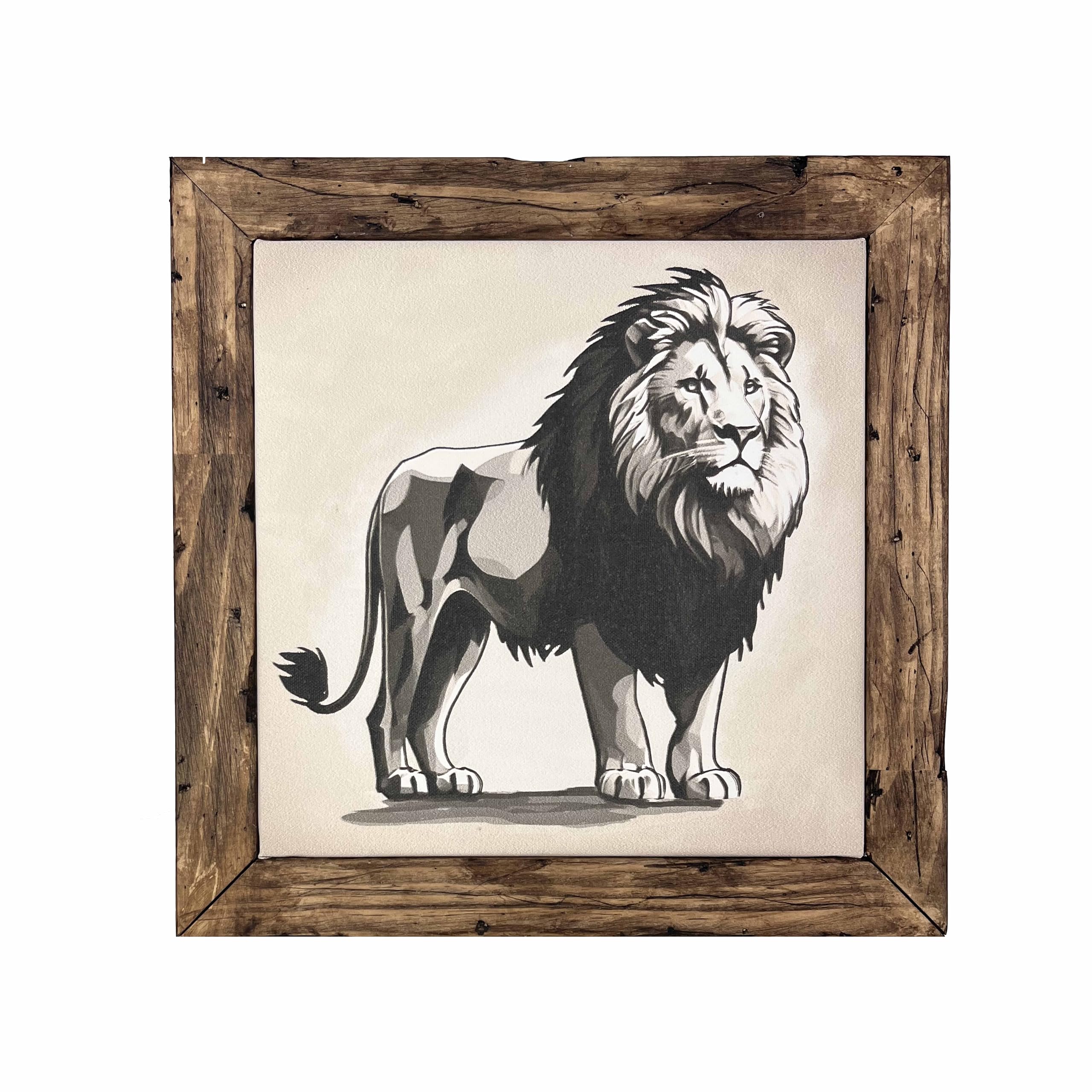 MASAU DESIGN Cuadro de Pared Vintage sobre Lienzo con imagen de animales de safari y marco en madera envejecida. Decoración de Arte Minimalista para Sala de Estar y Dormitorio (León, 32x32 cm)