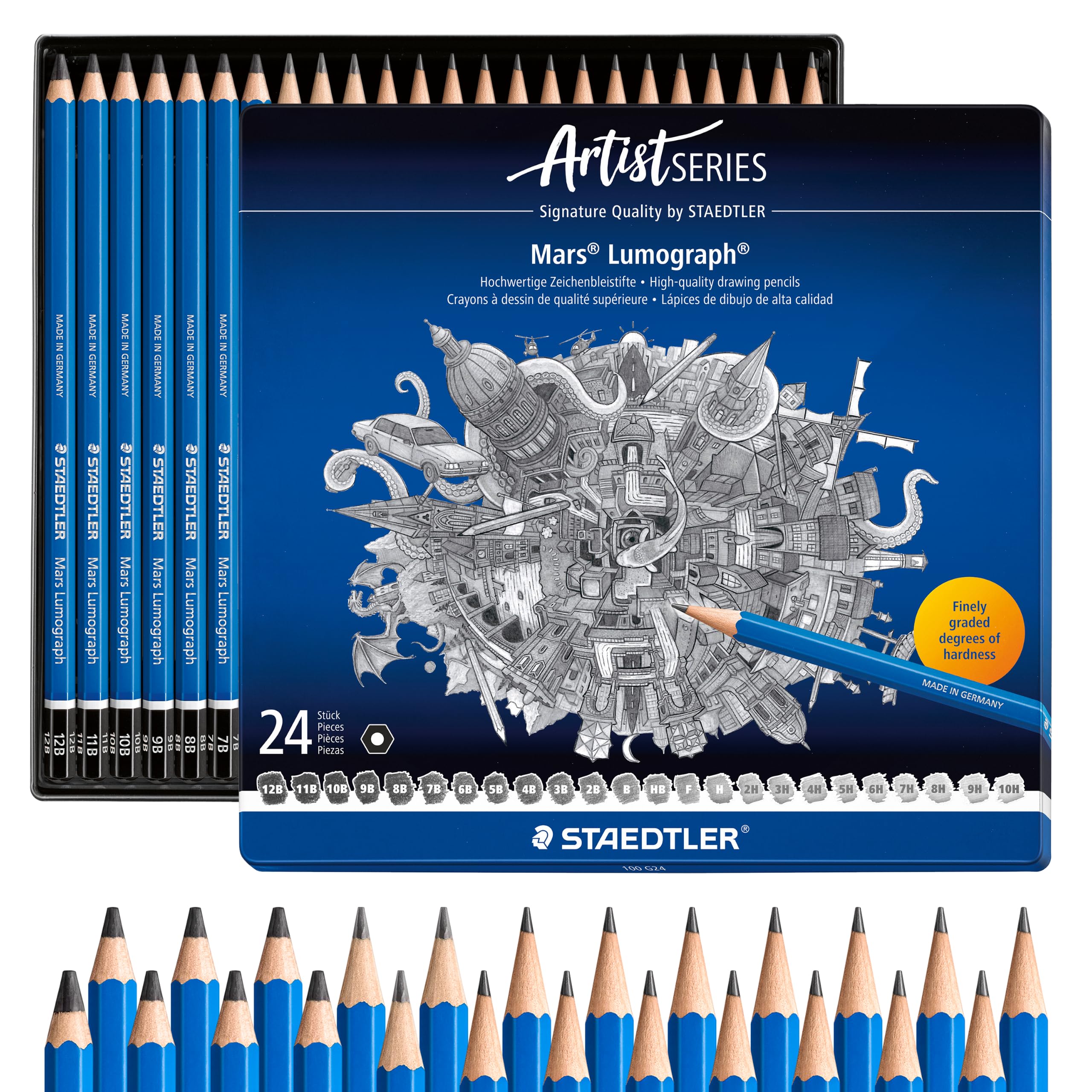 Mars Lumograph Drawing Pencils: Set of 24 in Metal Case - Presharpened Graphite Art Penci…