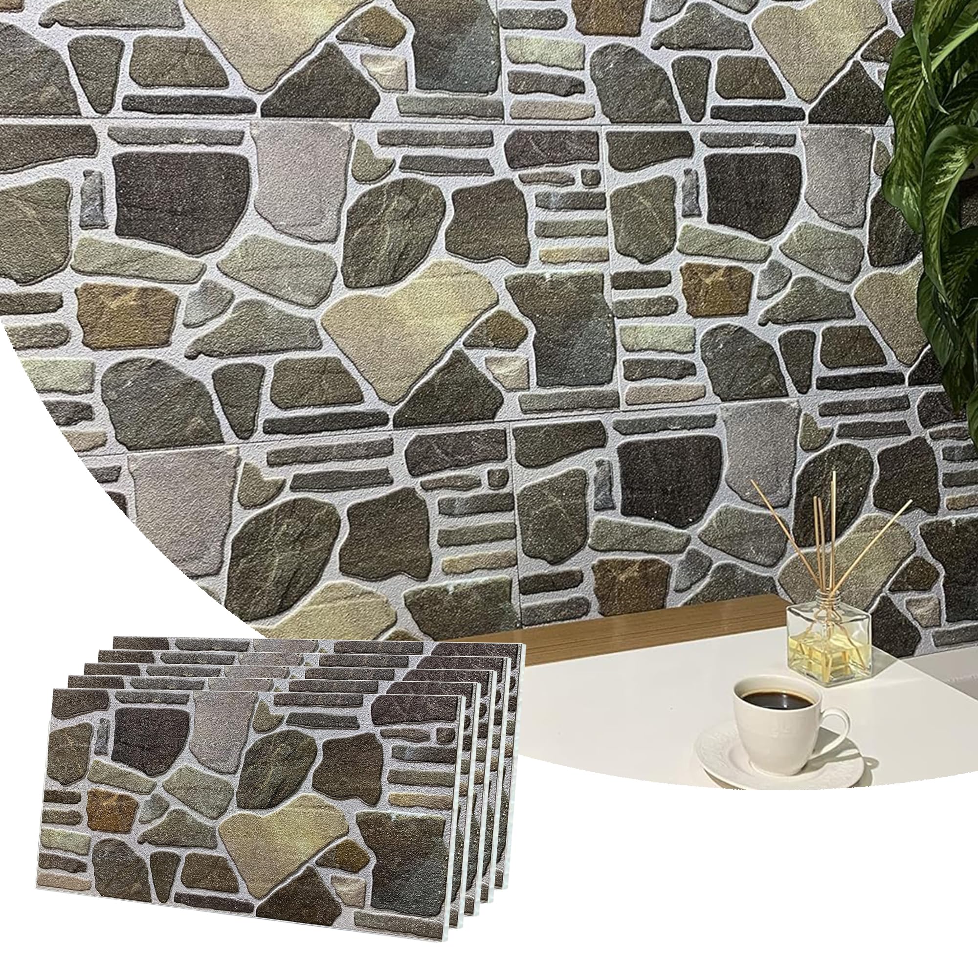 Dundee Deco 3D Wall Panels - Cladding, Charcoal Green Beige Stone Look Wall Paneling, Styrofoam Facing for Interior and Exterior Applications, DIY, Set of 5, Covers 27 sq ft