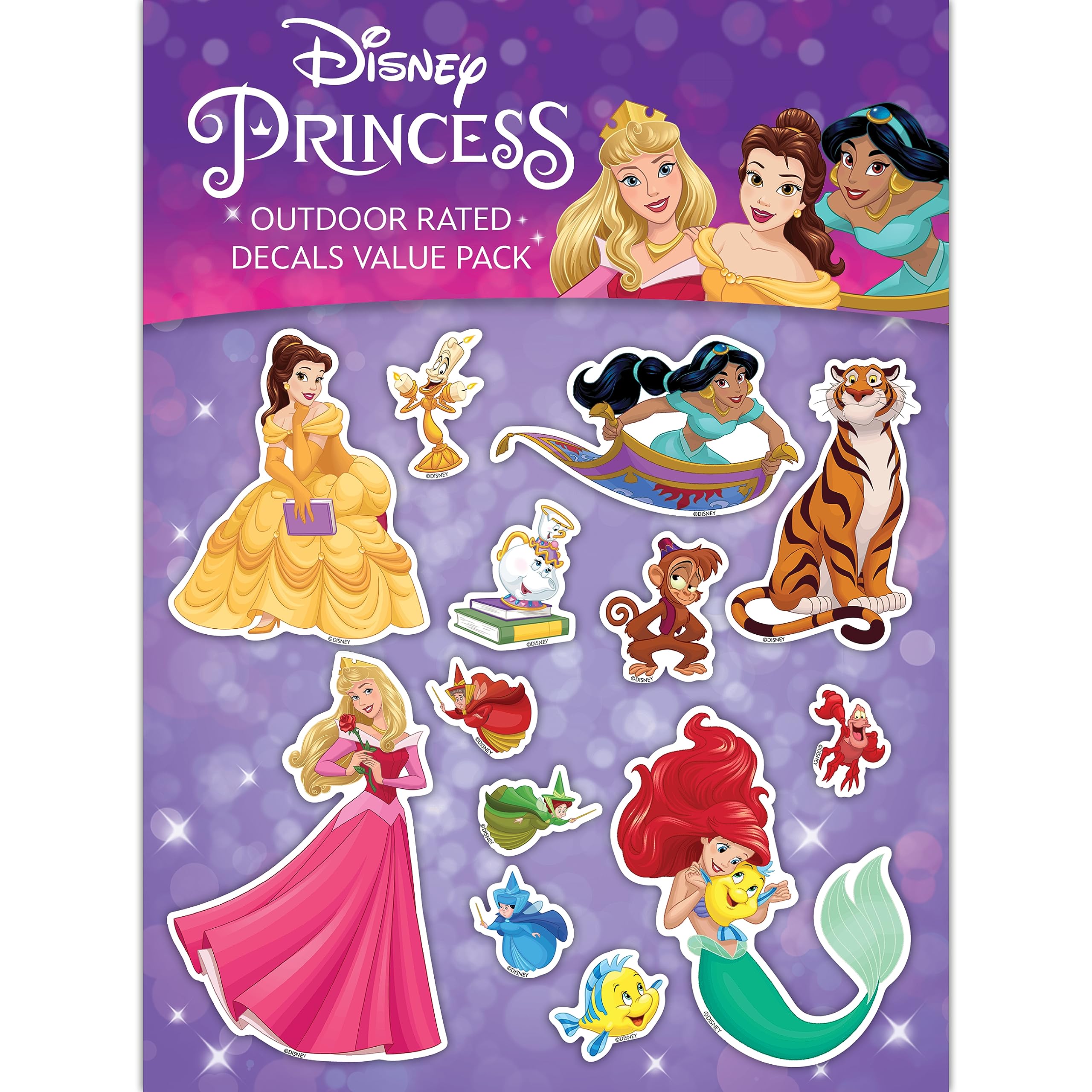 Disney Princess Decals - Belle, Aurora, Jasmine, Little Mermaid - Set of 13 Vinyl Stickers for Car Water Bottle Laptop Skateboard Bike Helmet