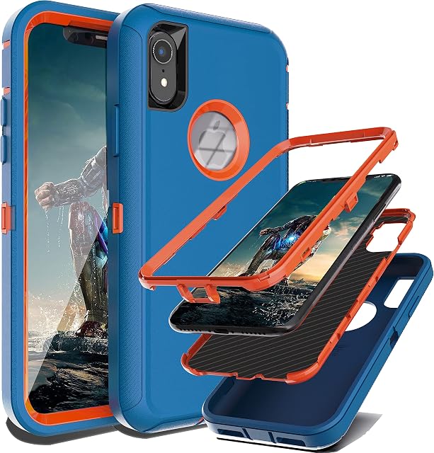 YmhxcY for iPhone XR Case Shockproof Dropproof Dust-Proof Drop Proof 3-Layer Durable Phone Case Heavy Duty Protection Phone Case Cover for Apple iPhone XR 6.1 inch-Blue/Orange