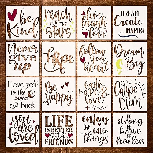 16 Piece Inspirational Word Stencil Set - Stencils for Painting on Wood, Canvas - Quotes Include Dream, Faith Hope Love - Stencils for Crafts Reusable for Signs and Fabric