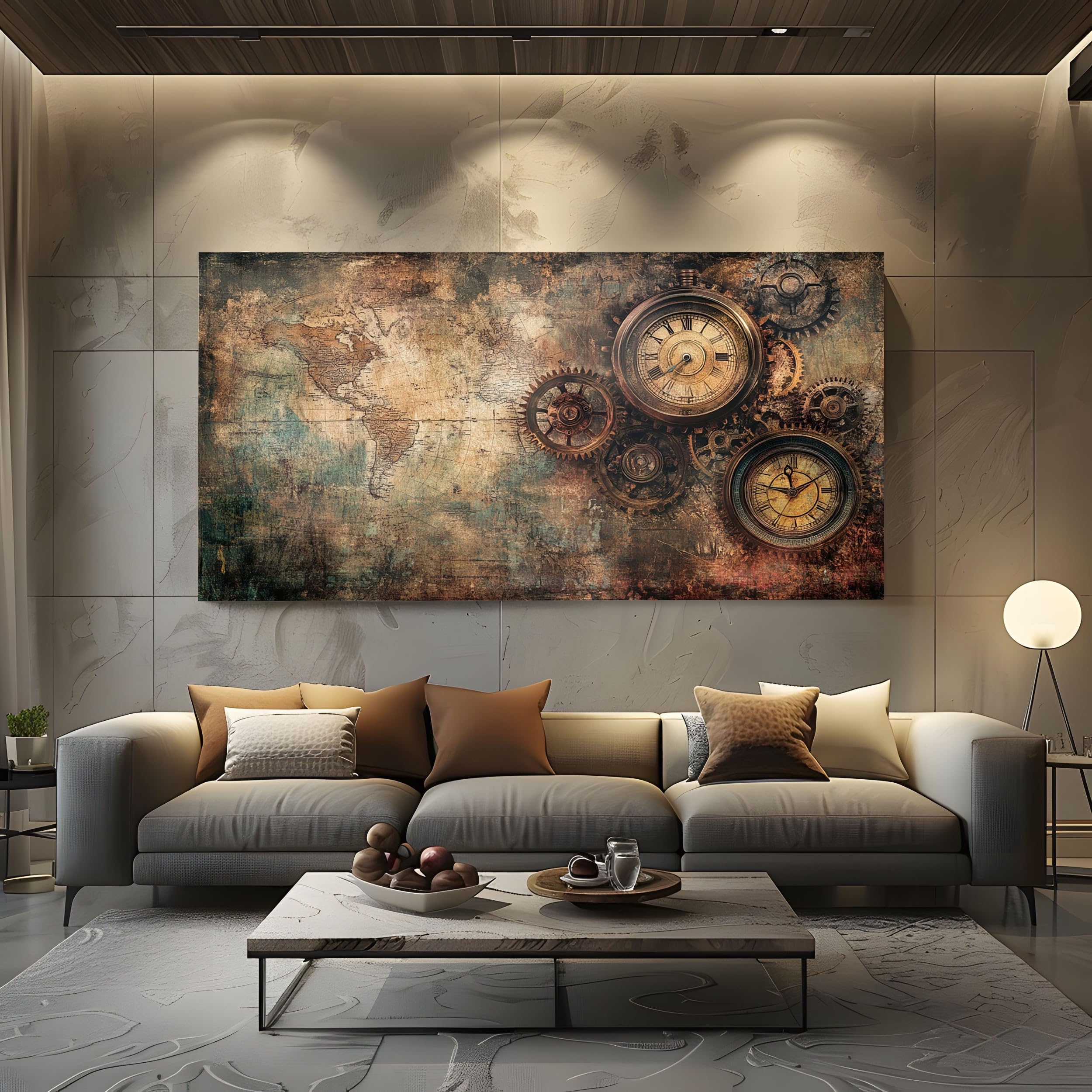 ZORYAN Bilder für die Wand Steampunk Mechanische Leinwandbilder Groß für | Schlafzimmer Nostalgische Karte Wandbild für Wohnzimmer, XXL Kunstdruck auf Leinwand Retro Uhr 80x160cm Wanddeko Kunst