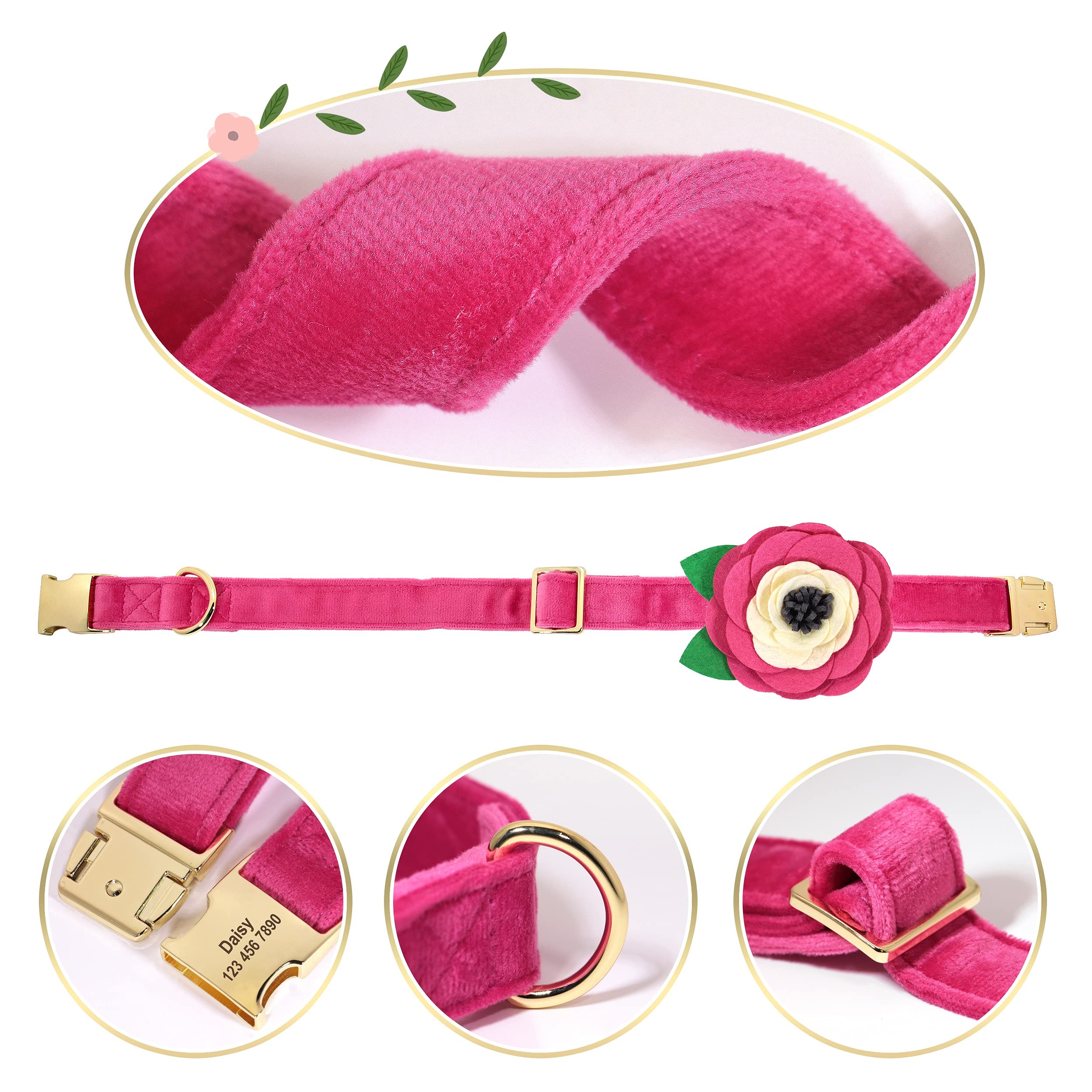 Beirui Soft Velvet Girl Dog Collars with Removable Flower Accessories - Personalized Cute Dog Collar with Custom Name Plate Engraved - Adorable Collar for Small Medium Large Dogs (Hot Pink,M)