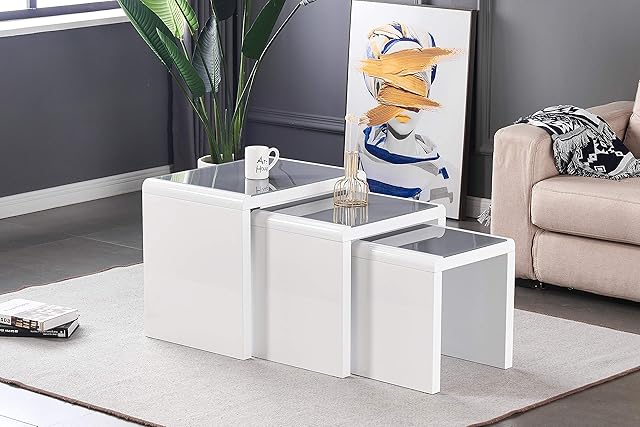 Furnizone PRIMA Nest of 3 Tables White with Grey Tempered Glass Top High Gloss Side End Coffee Home