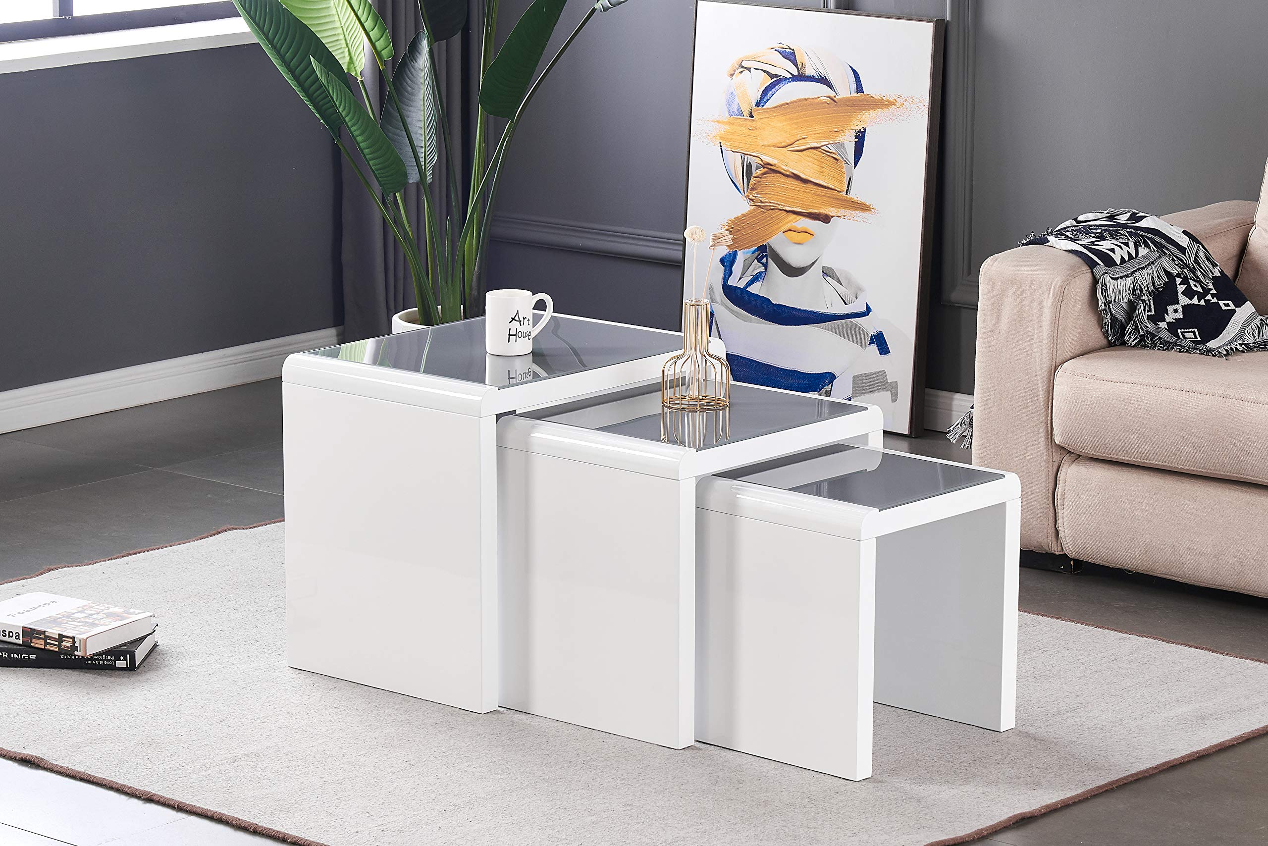 Furnizone PRIMA Nest of 3 Tables White with Grey Tempered Glass Top High Gloss Side End Coffee Home