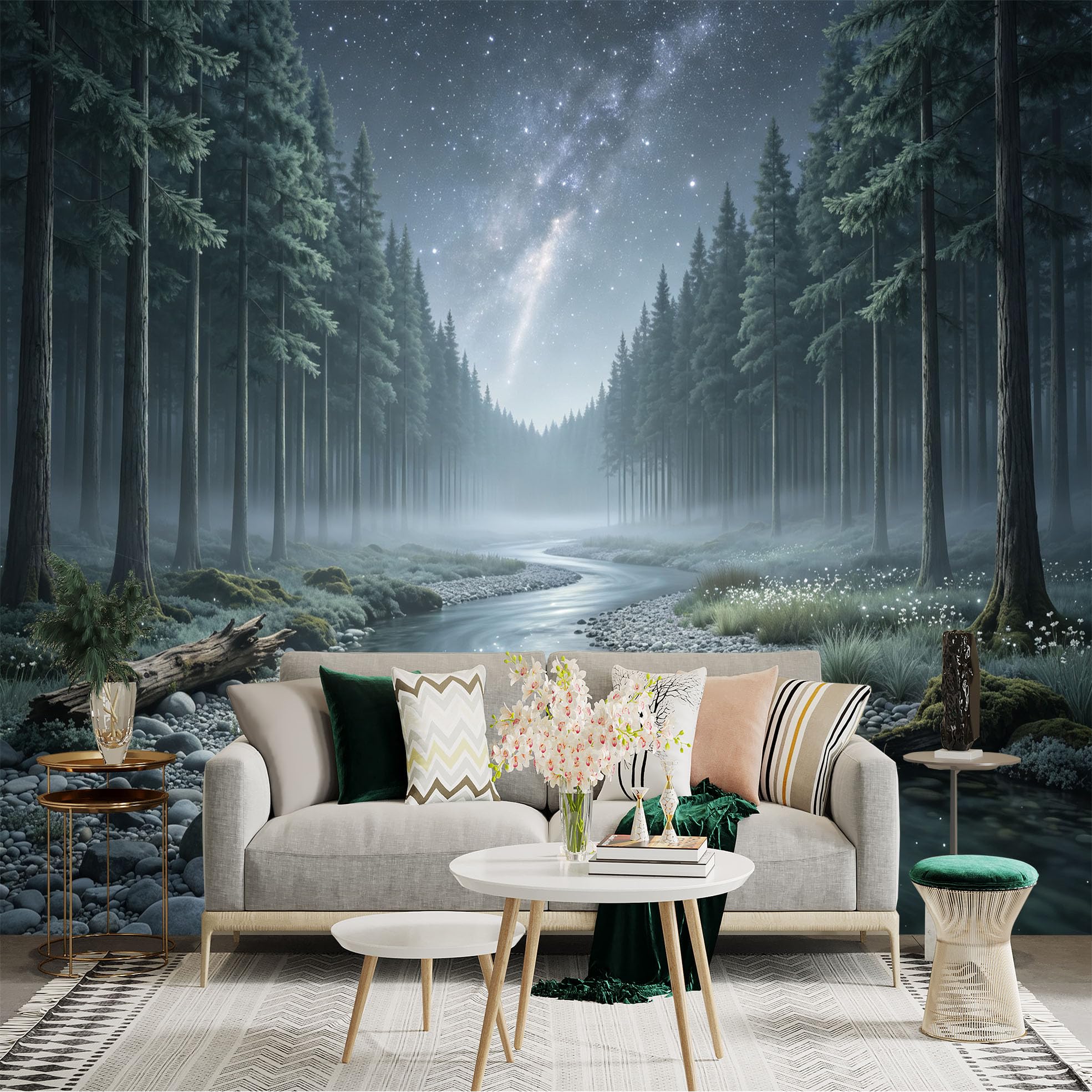 Lnzczhyre Bh260719486 Custom Size Wall Sticker Mural， Misty River Flowing Through Coniferous Woodland， Milky Way Galaxy Over Forest， Serene Nature Scenery， For Wall Decoration， Peelandstick Wall Decals.