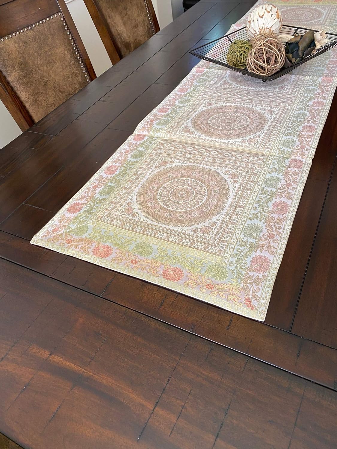 Table Runner White Table Decor Brocade Art Silk Runner Formal Table Runner for 6-8 Seater Table 70 Inch Runner Home Decor Gift for Host Mandala (16 X 70 Inch)