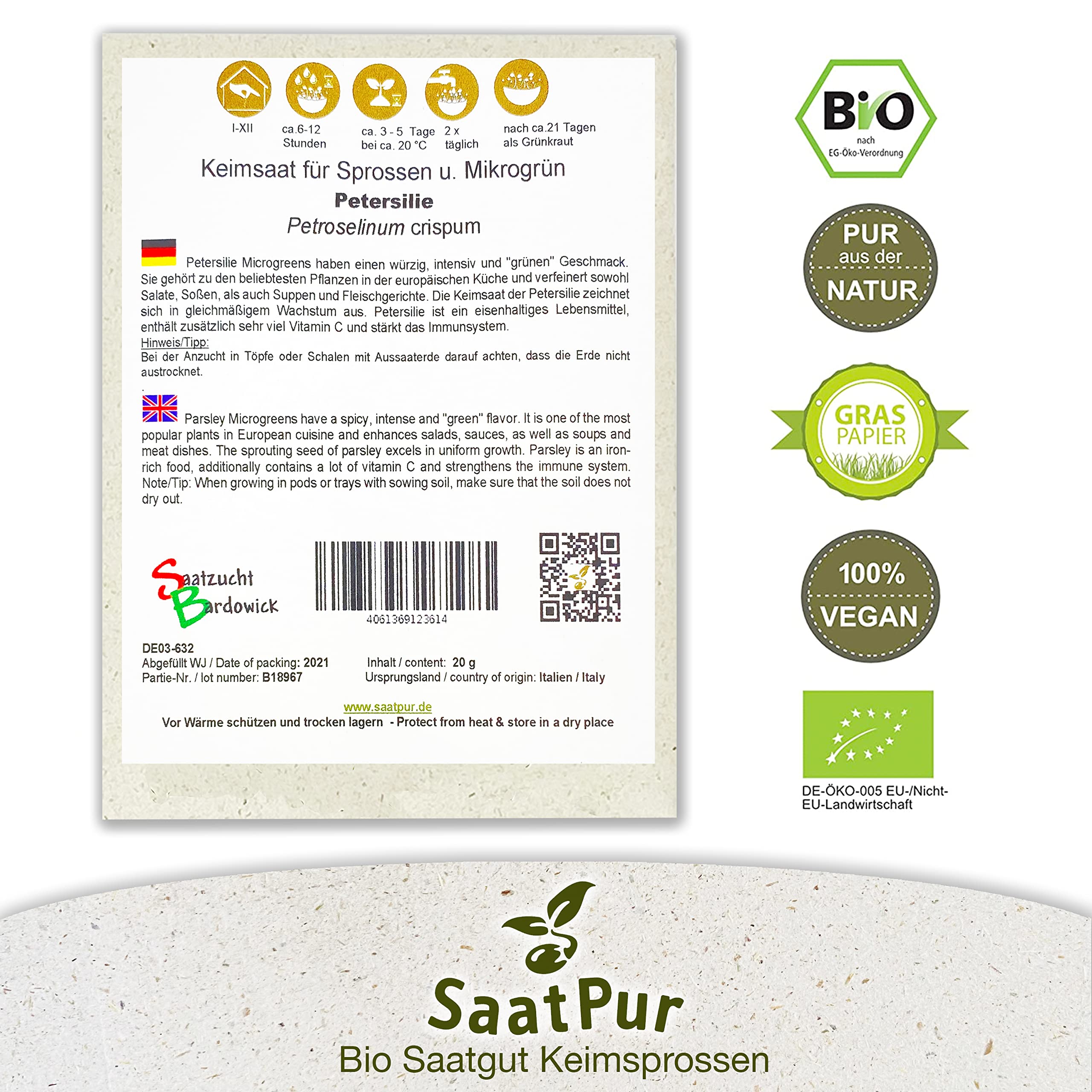Petersilie BIO Keimsaat Keimsprossen von SaatPur - Sprossen Microgreen - Kleines Tray mit 60 Portionstüten je 20g