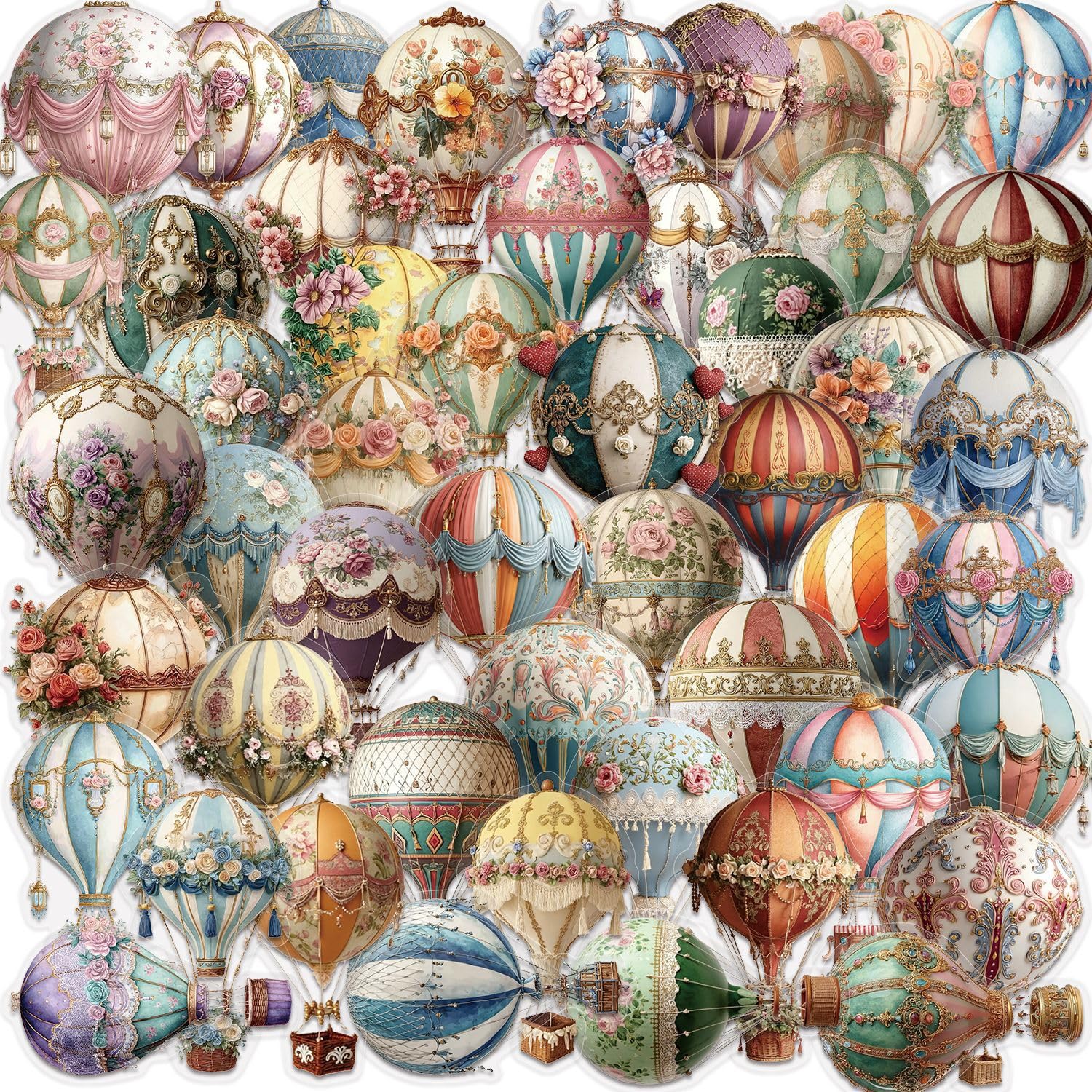 50 Pcs Vintage Hot Air Balloon Vinyl Decals Floral Sticker for Notebook Bag