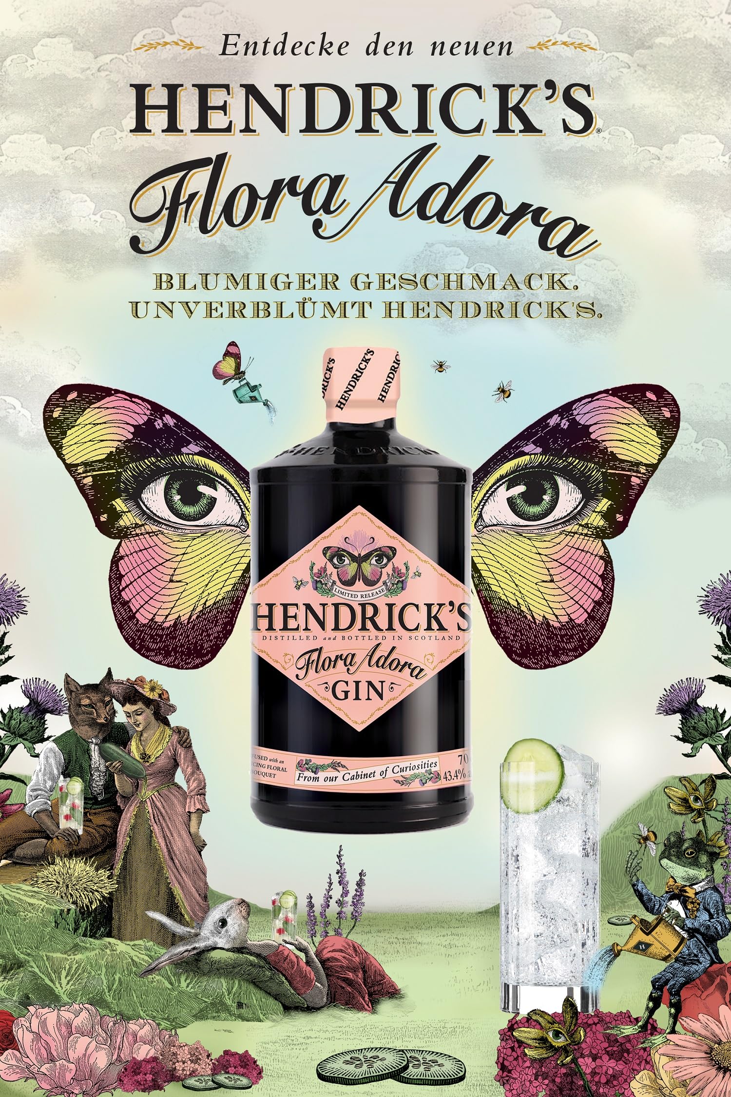 HENDRICK’S Flora Adora Gin – Blumig, frisch & aromatisch – Gin mit floralen Noten und frischer Kräuternote - Limitierte Edition – 43,4% vol. - 0,7 l