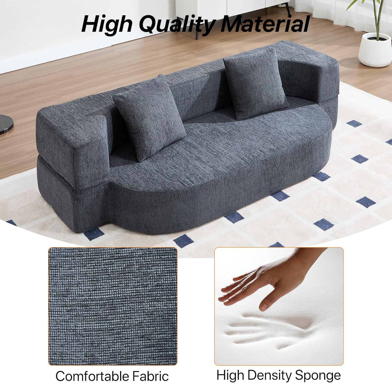 Folding Sofa Bed, Convertible Futon Sleeper Bed, 2-in-1 Foldable Floor Mattress with 2 Pillows, Breathable High-Density Foam Lazy Couch, Twin Size Comfy Lounge Chair, Dark Gray