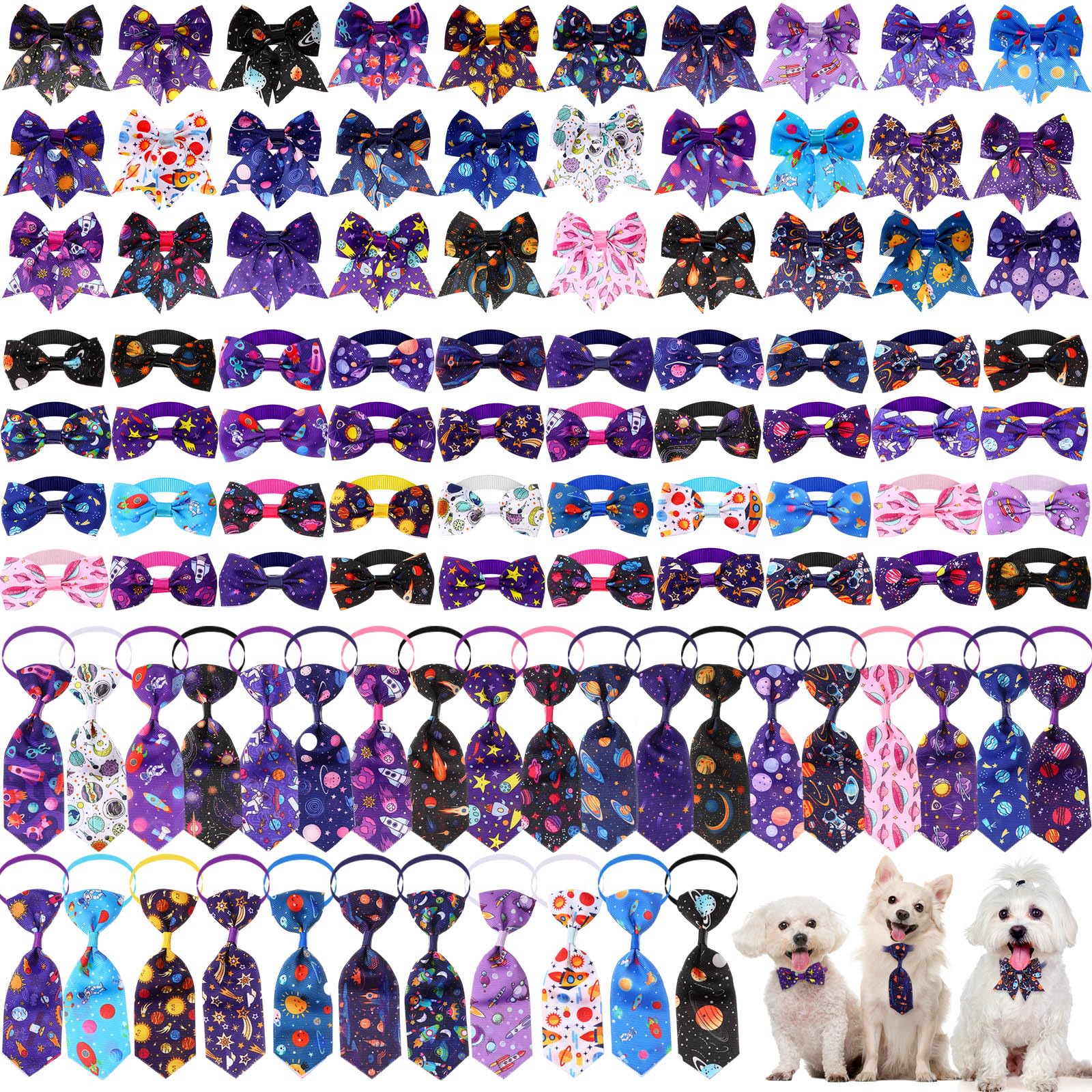 Reginary 100 Pieces Dog Bow Tie Collar Set Include 30 Pcs Neckties 30 Pcs Collar Flowers and 40