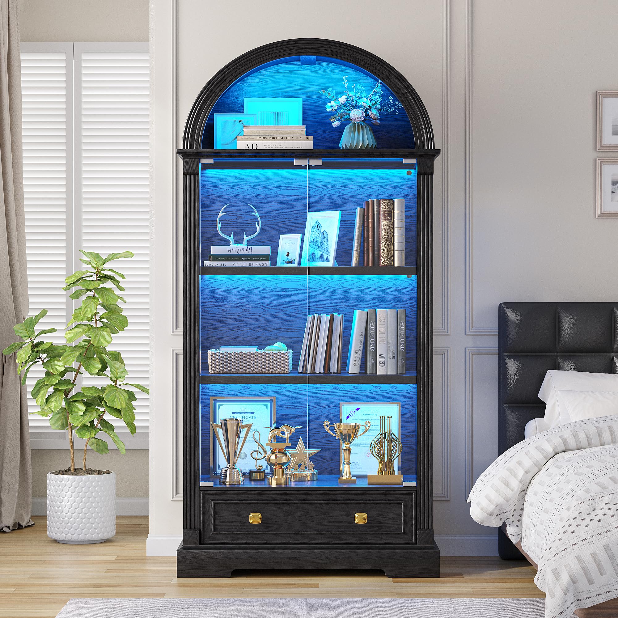 TAGELIER Arched Display Cabinet with Glass Doors &amp; LED Light