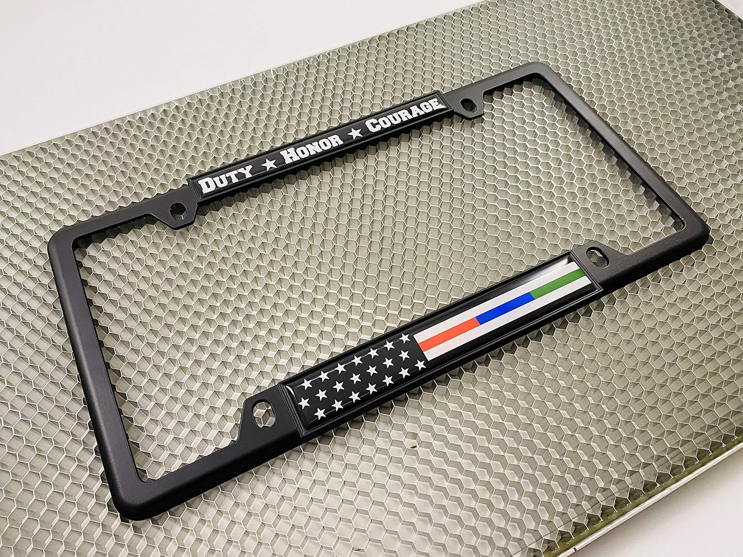 First Responders - Law Enforcement, Police, Military and Fire Thin Line (Stripe) USA American Flag - Domed Narrow Top 4 Hole Metal Car License Plate Frame with Free caps - Black (Quantity: 1 Frame)