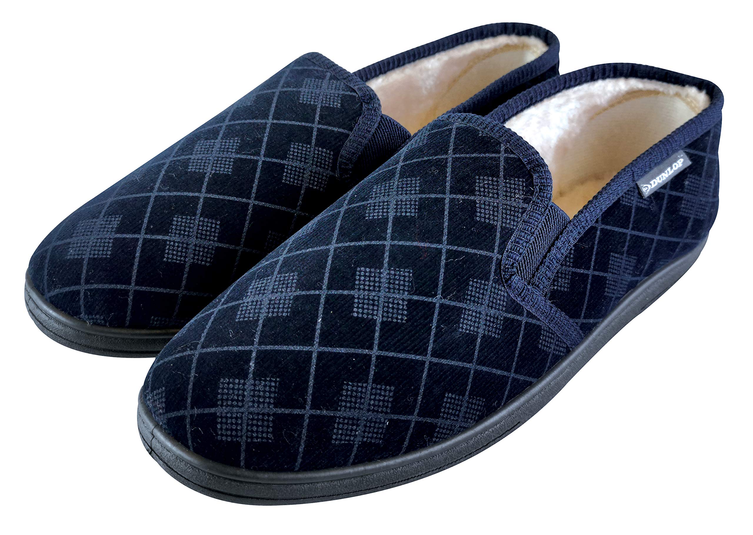 DUNLOPMens Memory Foam Cushion Faux Fur Lined Moccasin Style Plaid Slippers (13 US, Navy)