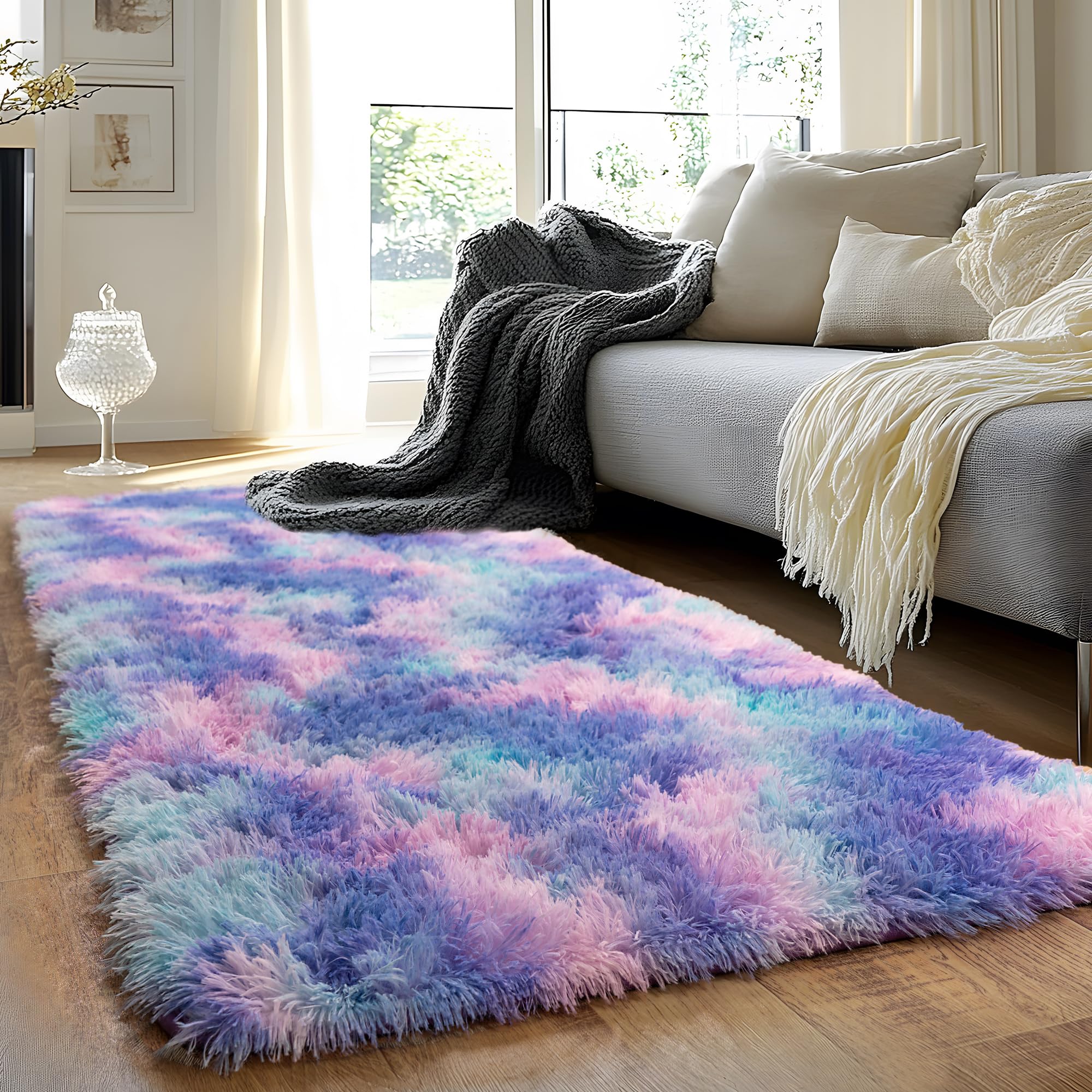 Quntue Runner Rugs for Bedroom 2x6 Rug Runners for Hallways Non Slip Soft Shag Bedside Rug, Fluffy Area Rug Throw Rugs for Living Room, Floor Carpet Runner for Nursery Kids Dorm, Rainbow Purple — image 1
