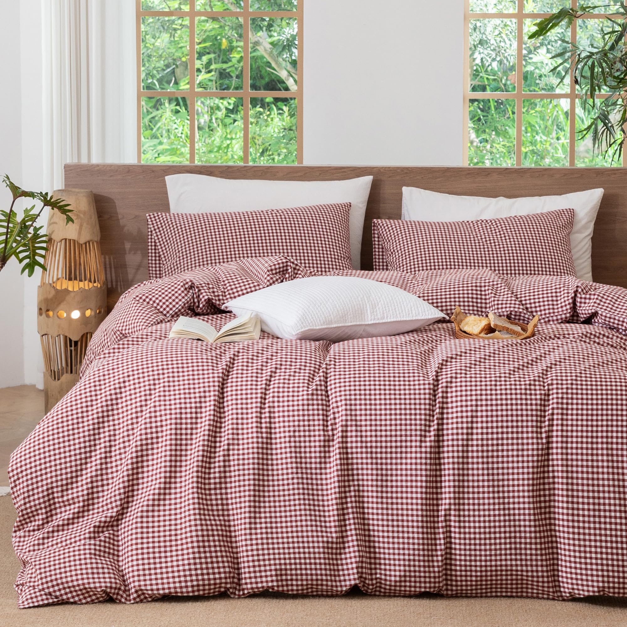MooMee Gingham Duvet Cover Set 100% Washed Cotton Linen Like Queen