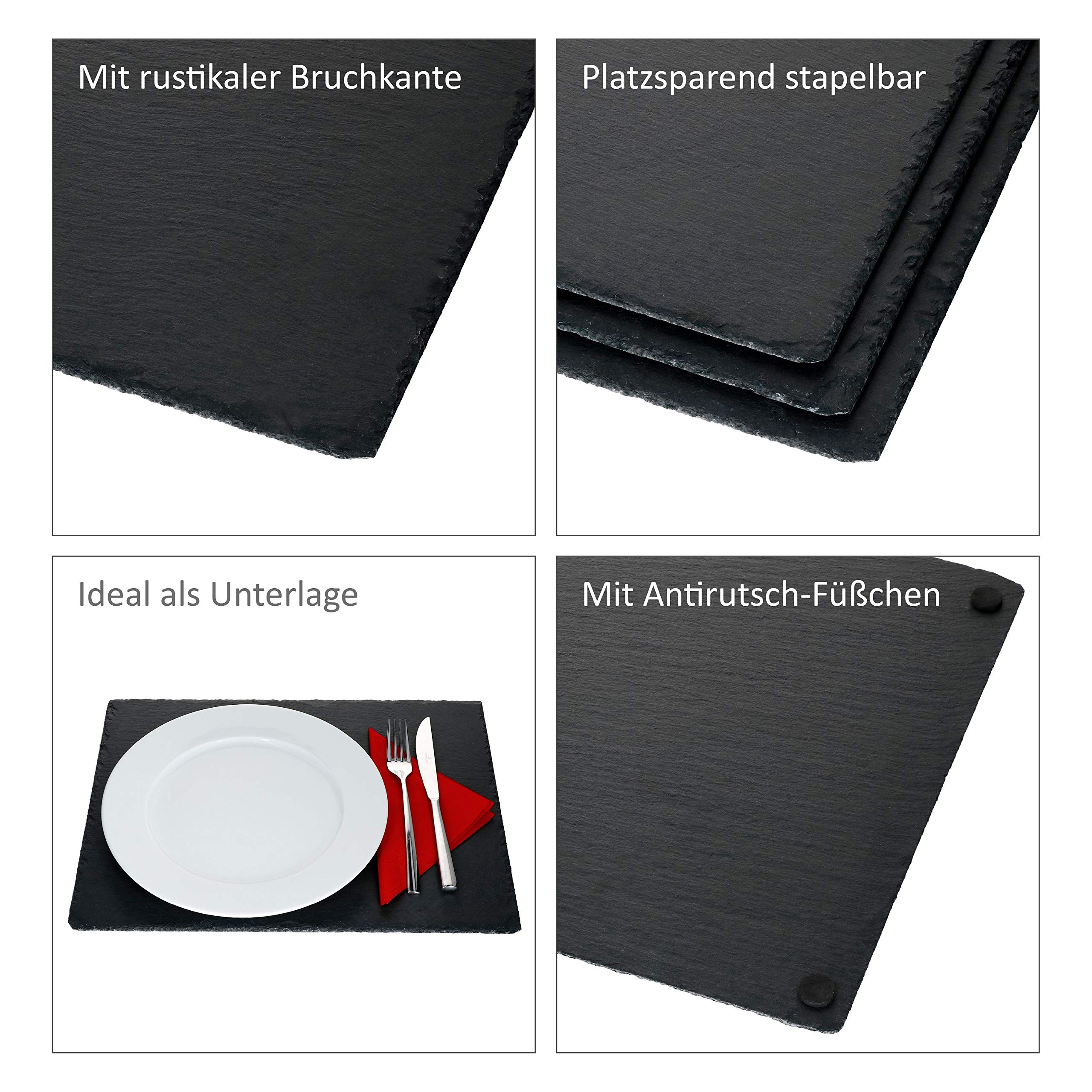 MamboCat Leistenen plaat, set van 4, 40 x 30 cm, serveerplaten zwart, sushiplaat met rustieke breukrand, kaasbord, voorgerecht ook als onderzetter bord, decoratieve plaat graniet