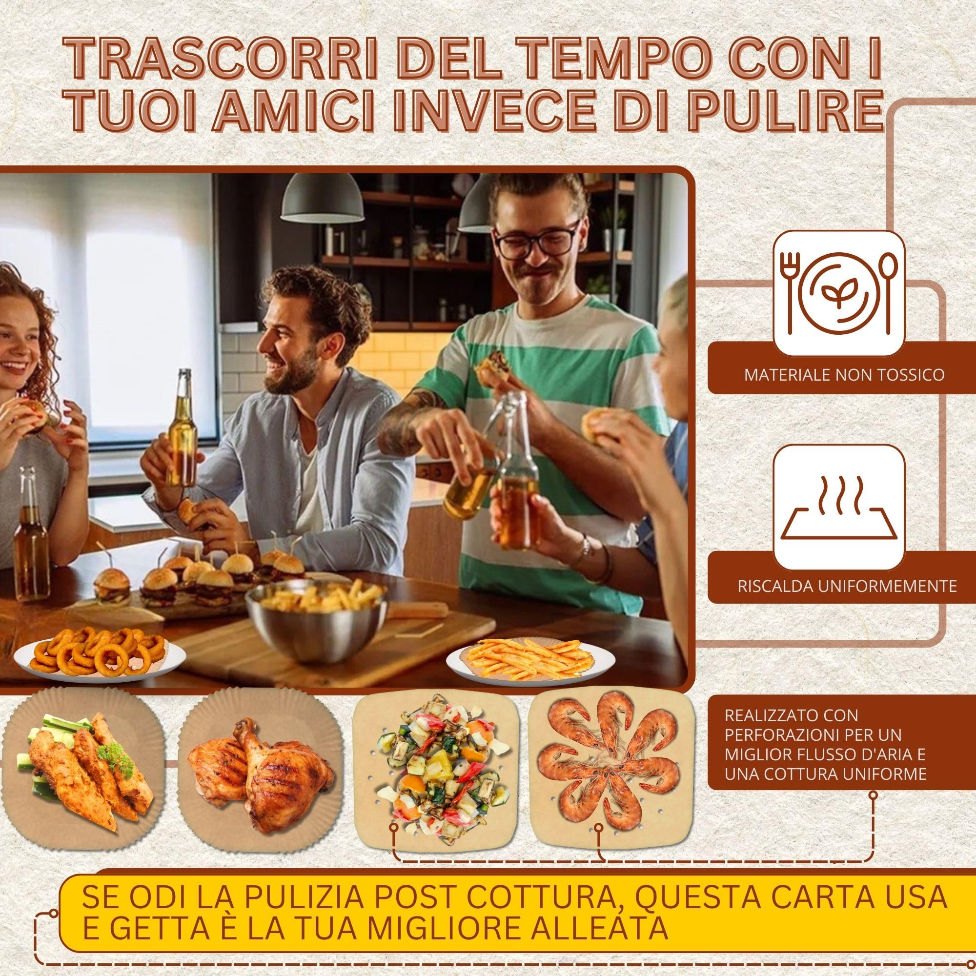 Carta Forno per Friggitrice ad Aria BPA Free 20-24cm, 200 Pezzi Quadrata e 100 Pezzi Piana