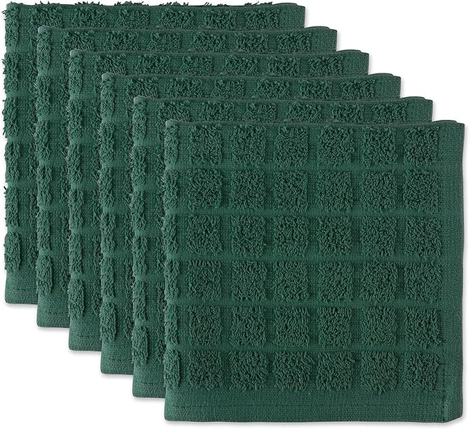 DII Basic Terry Collection Solid Windowpane Dishcloth Set, 12x12, Dark Green, 6 Piece