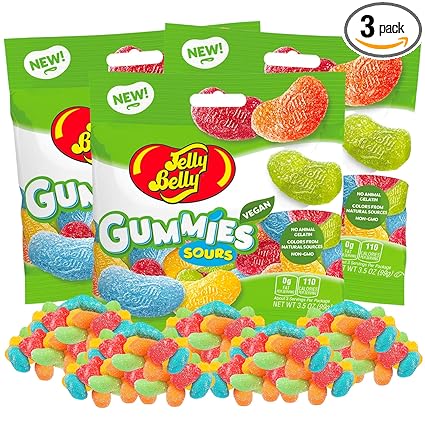 Sweetzo Sour Gummy Jelly Bean Shaped Candies, Fruit Flavored Jumbo Vegan Gummies, Bagged Chewy Candy - 3.5 Ounces Each (Pack of 3)