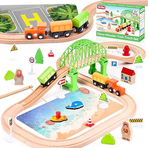 Juego de tren de madera de 61 piezas para niños de 3 a 8 años Vía extensible y personalizable Compatible con las principales marcas