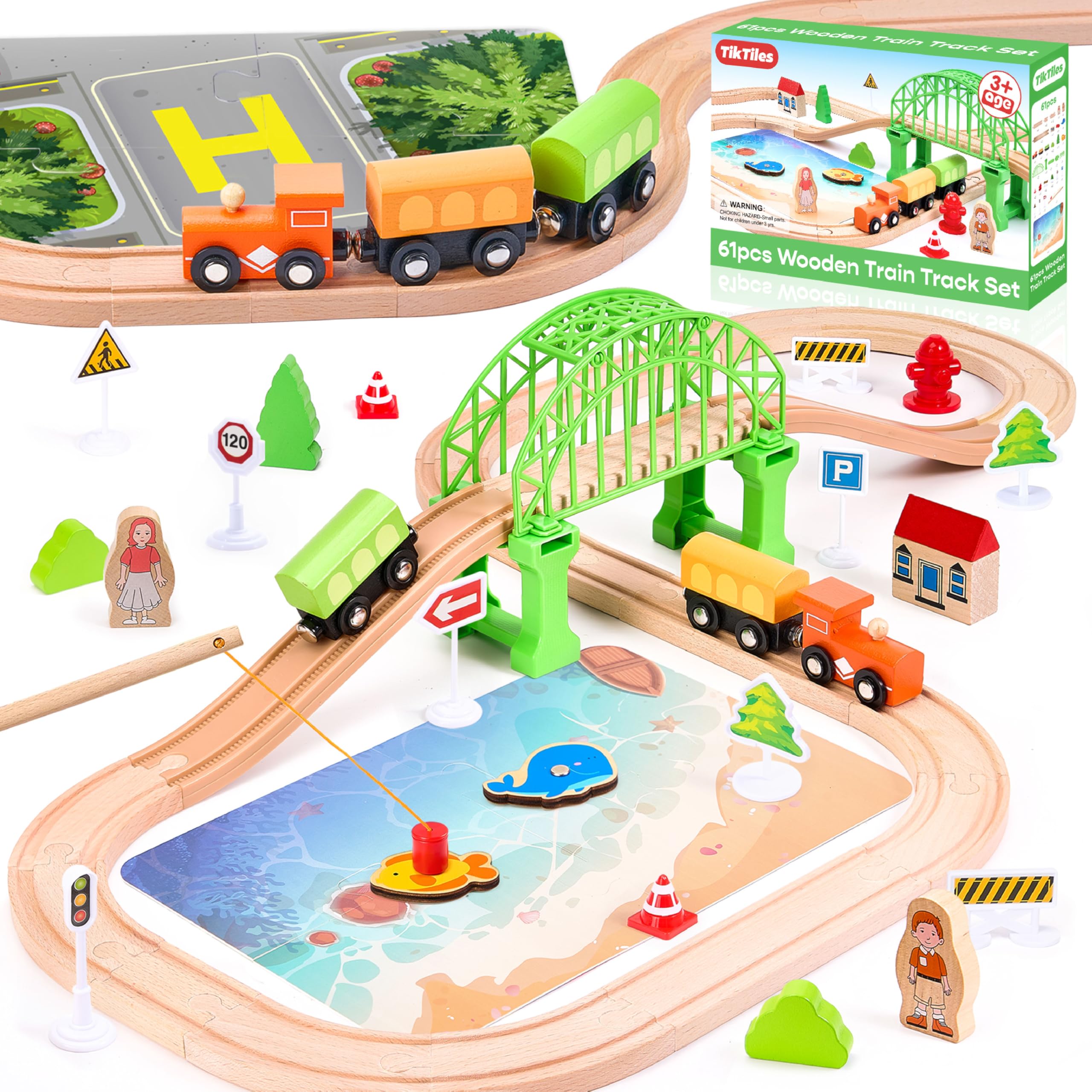Amazon.com: Wooden Train Set 61-Piece for Toddlers Kids Ages 3-8
