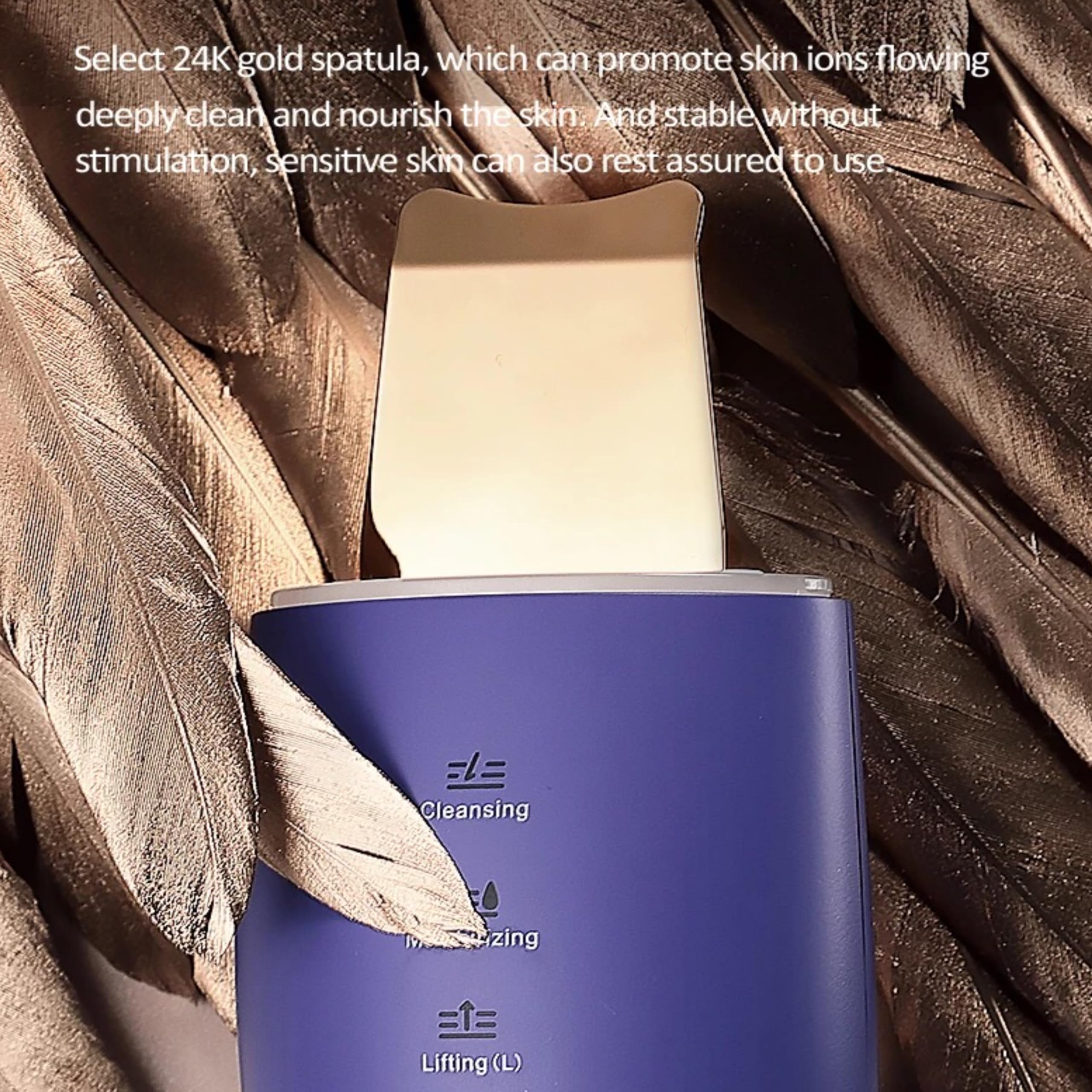 Lalano´S Cosmetics Golden Skin Scrubber - Pulitore per viso ad ultrasuoni, spatola dorata 24 K, EMS Lifting, tecnologia ionica, terapia a LED, rimozione punti neri e pulitore per pori, senza fili