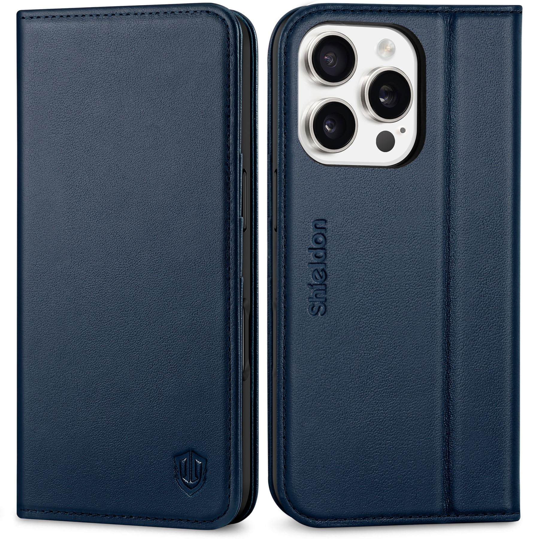 SHIELDON Wallet Case for iPhone 16 Pro, Genuine Leather Shockproof Folio Case with [Card Holder][RFID Blocking][Viewing Stand][TPU Shell] Magnetic Flip Cover Compatible with iPhone 16 Pro - Navy Blue
