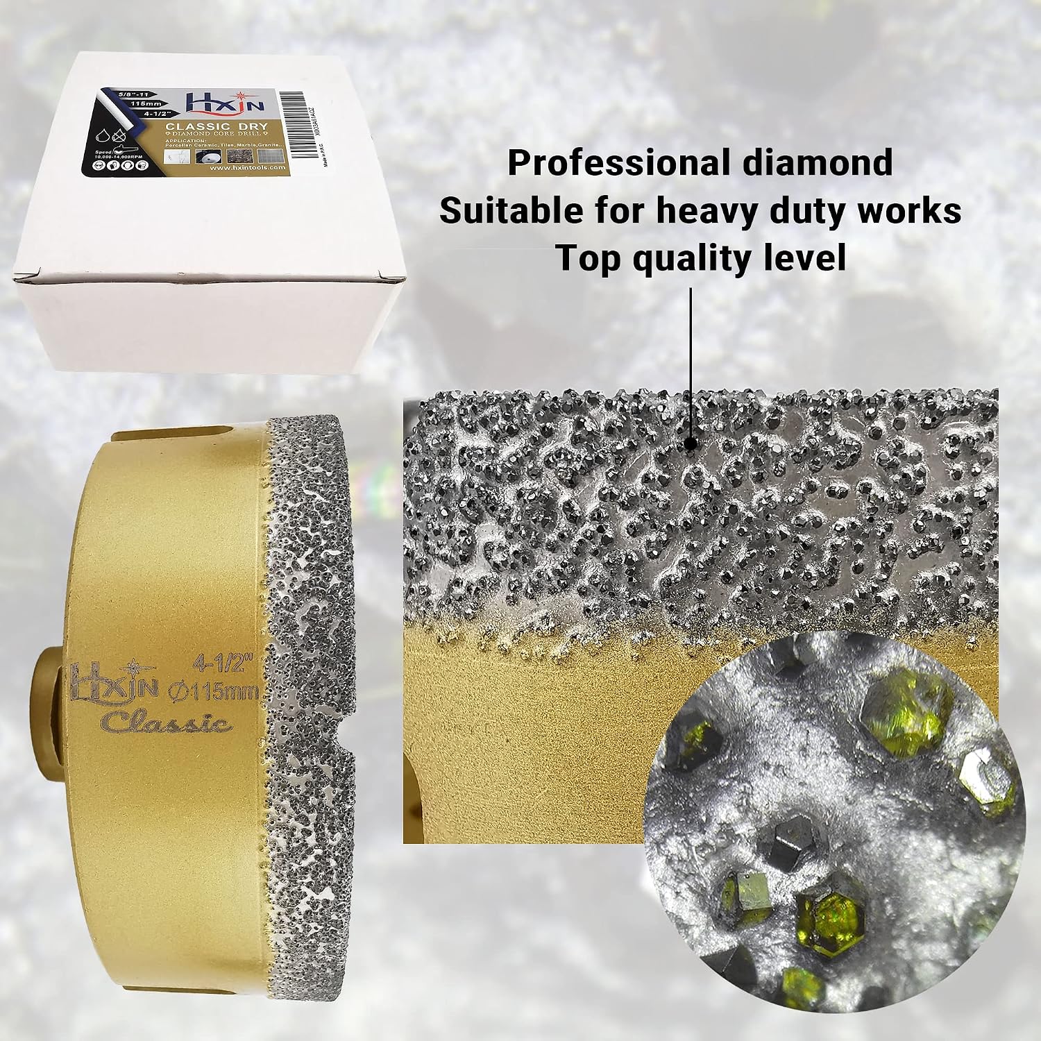 Vacuum brazed Diamond Hole Saw with 5/8"-11 Thread Classical Golden for Dry or Wet Drilling on Hard Porcelain Ceramic Tile Masonry Granite Marble Used on Angle Grinder (115mm 4-1/2")