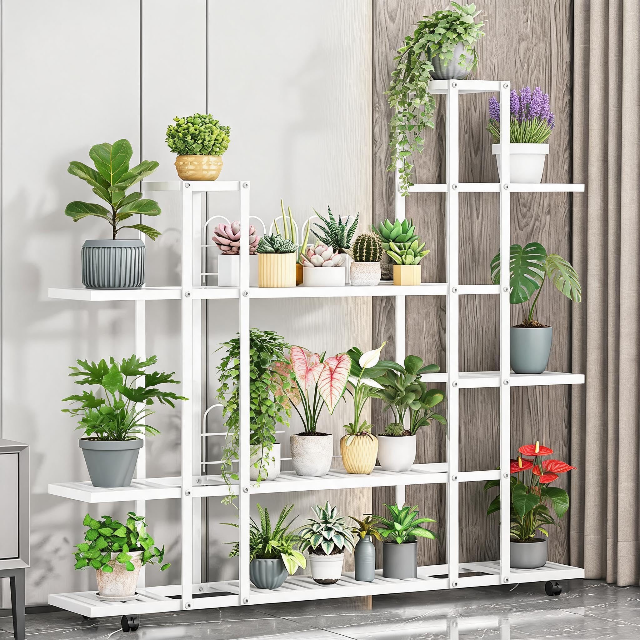 Garvee Porta Piante da Interno ed Esterno, Scaffale per Piante in Ferro per Vasi, Supporto Fiori con Ruote, Espositore Piante Salvaspazio per Soggiorno, Balcone e Giardino (7 Livelli (Bianco))