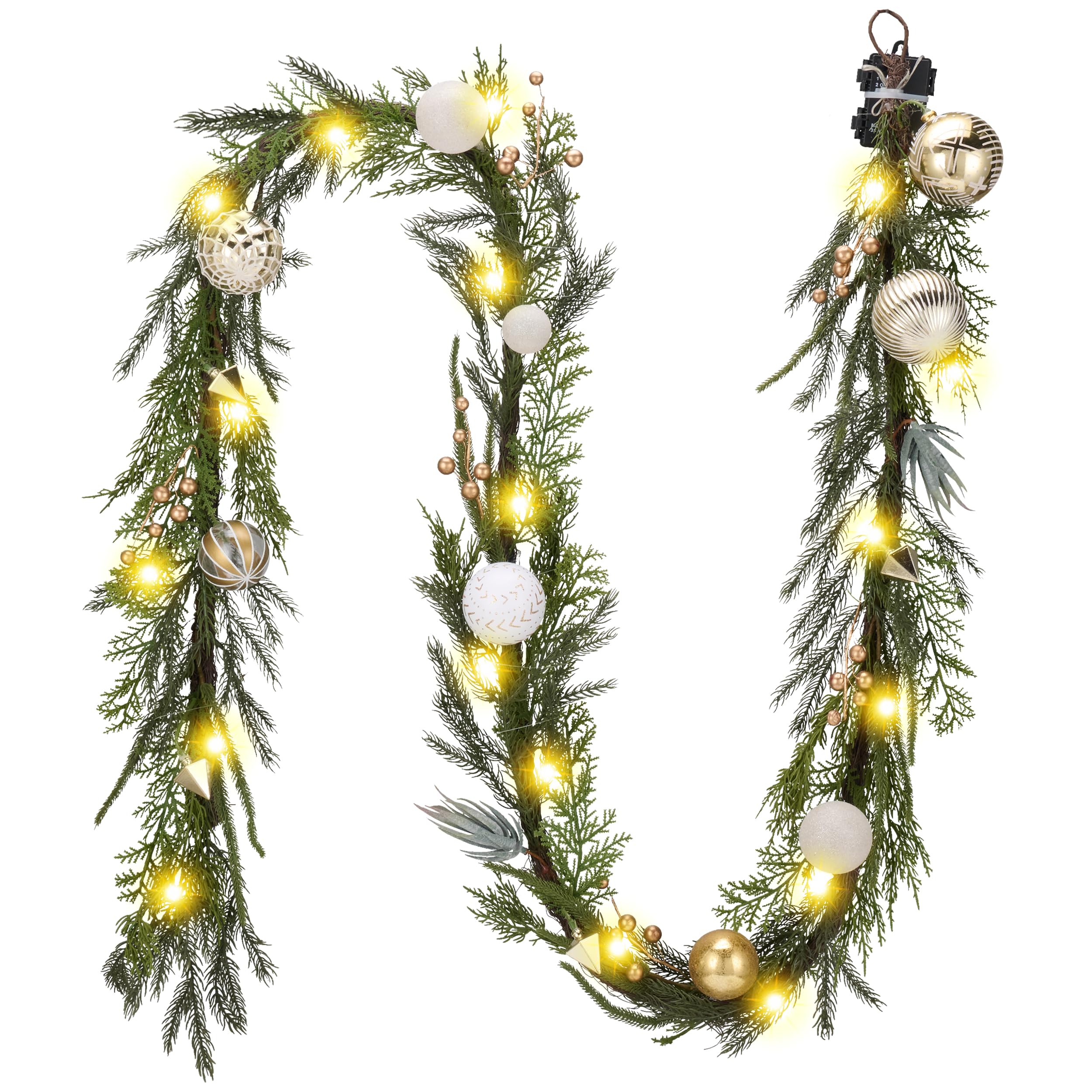 decorbyhannah valentines day garland with lights, 9ft lighted norfolk pine christmas garland with boho ornaments, artificial greenery garland valentine day decorations for mantle(boho gold & white)