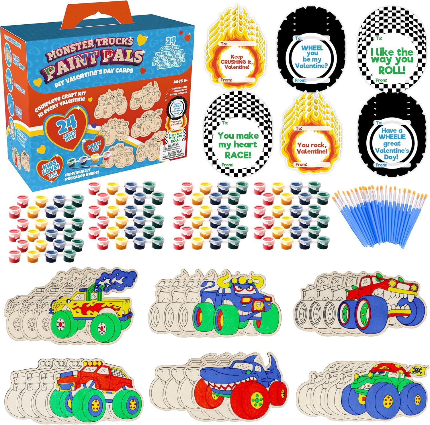 Monster Trucks Wood Painting Kits (24 ct) - Goodie Bag Party Favors for Kids Birthday Party & School Classroom Prizes - Each Craft Comes w Brush & Paints - Party Favor Stuffer Gifts for Boys & Girls