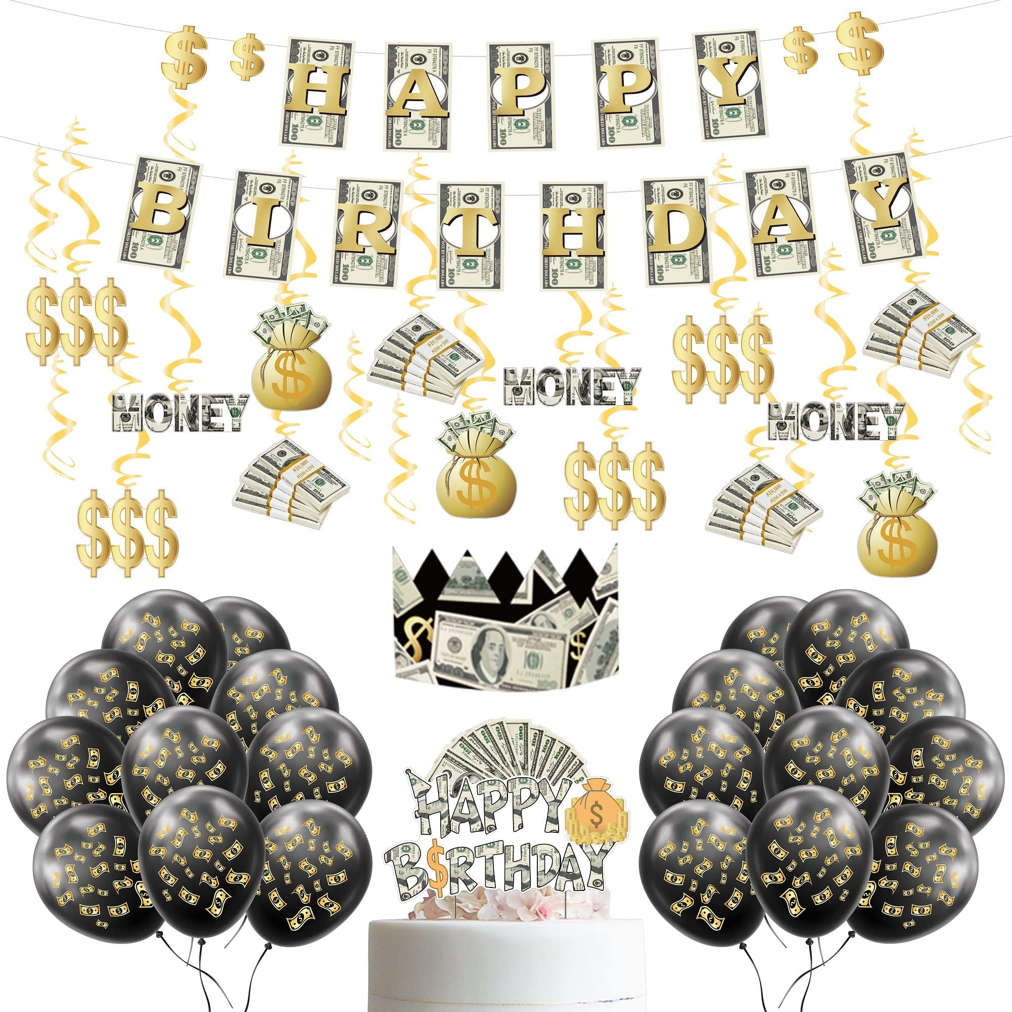 45Pcs Money Birthday Party Decoration KIT Bill Dollar Signs Money Birthday Banner Hanging Swirls Cake Toppers & Crown Set for Casino Investment Themed Retirement Anniversary Graduations Party