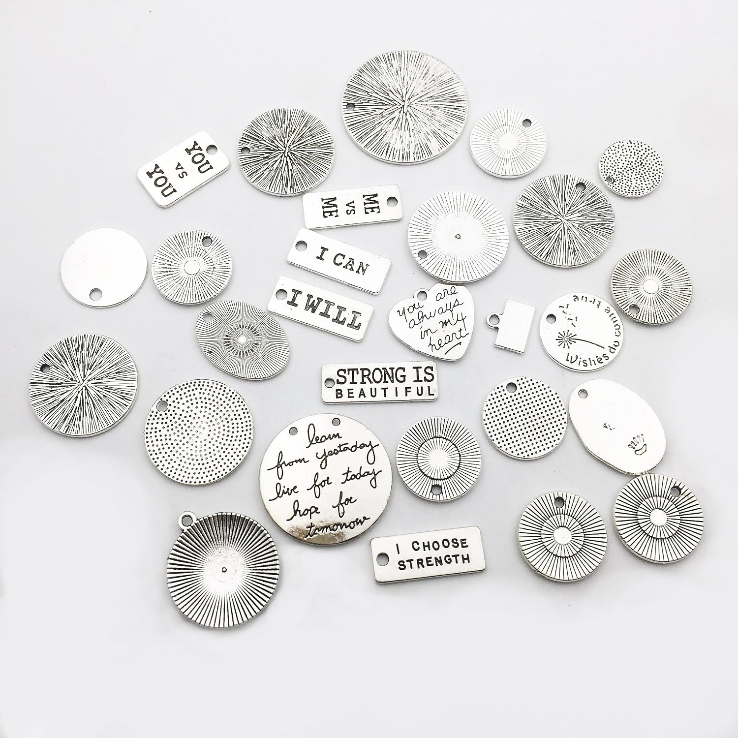 30pcs Inspiration Words Charms Craft Supplies Mixed Pendants Beads Charms Pendants for Crafting Jewelry Findings Making Accessory for DIY Necklace Bracelet (Antique Silver)