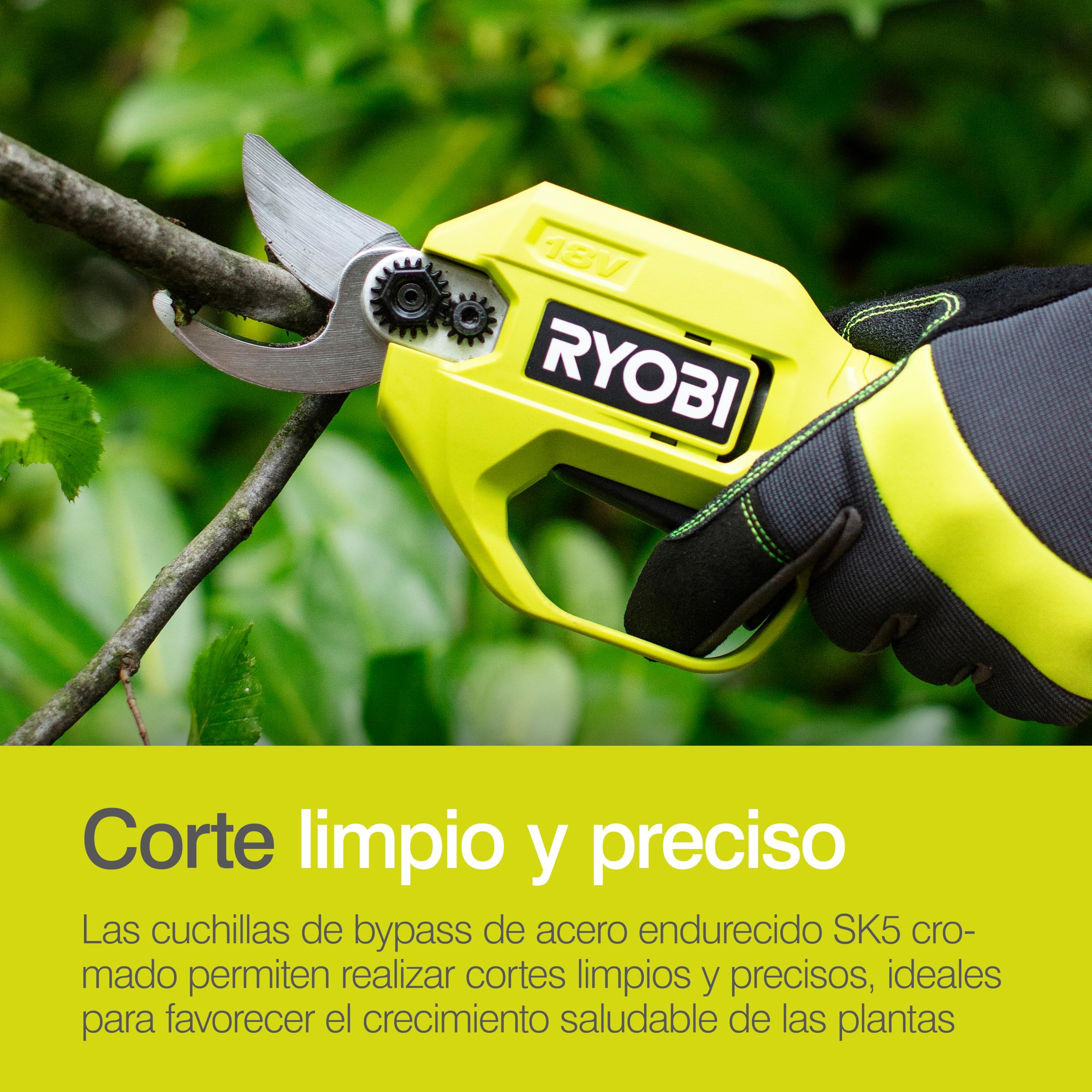 RYOBI - Podadora Inalámbrica 18V One+ 20cm, Peso 0,74kg - Capacidad de Corte 20/25 mm - Corta Tallos, Ramas y Arbustos sin Esfuerzo - hasta 1500 Cortes con Batería 1,5 Ah (No Incluida) - RY18SCA-0