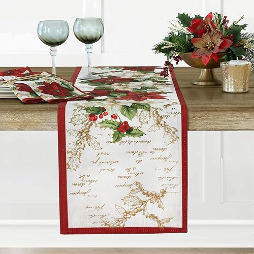 Miniatura 1 de Newbridge Presley Camino de mesa de Navidad con doble borde, diseño de flor de pascua roja y blanca, fácil de cuidar, camino de mesa de liberación