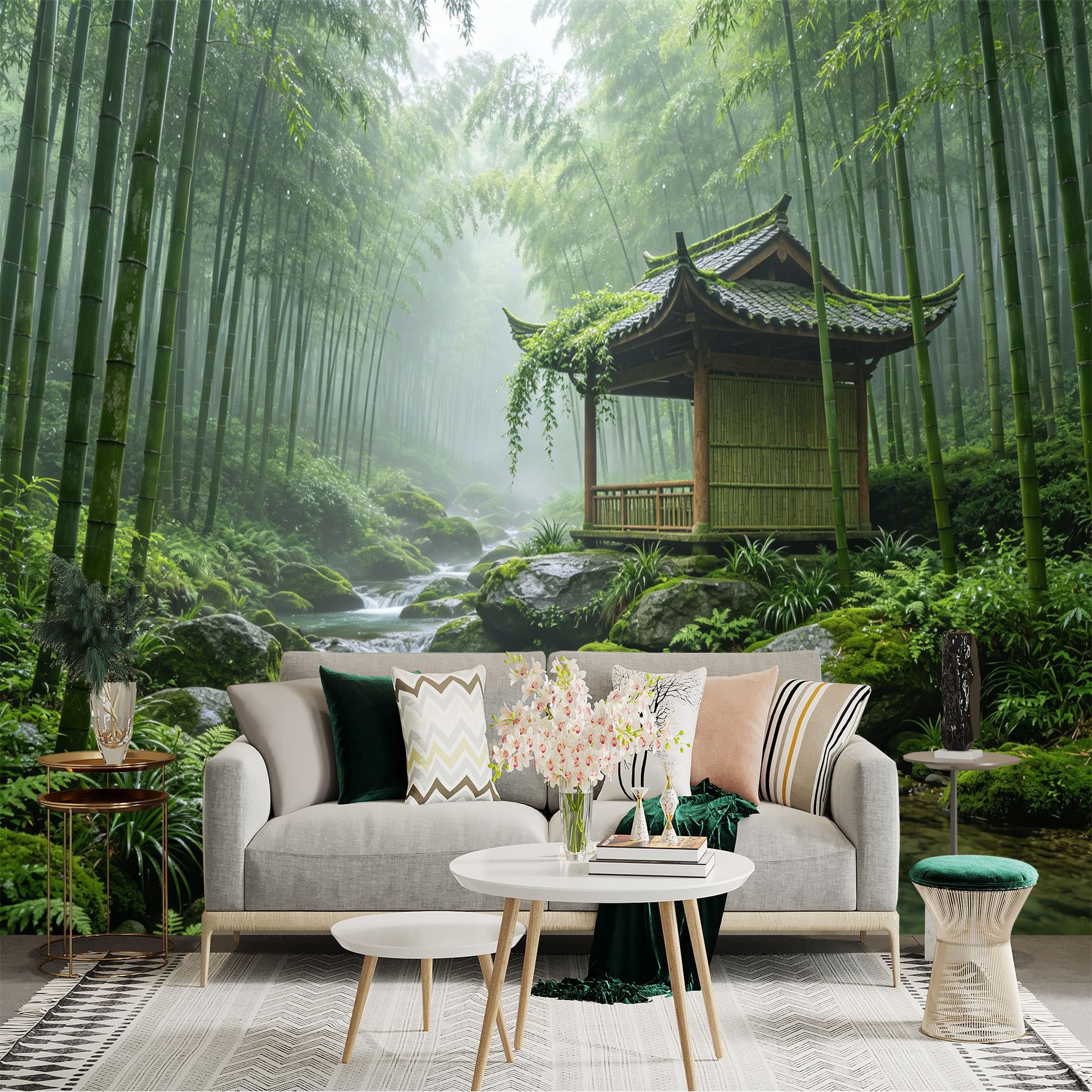 Custom Size Wall Sticker Mural， Tranquil Bamboo Forest with Stream and Asian Pavilion， for wall Decoration， peelandstick wall Decals.