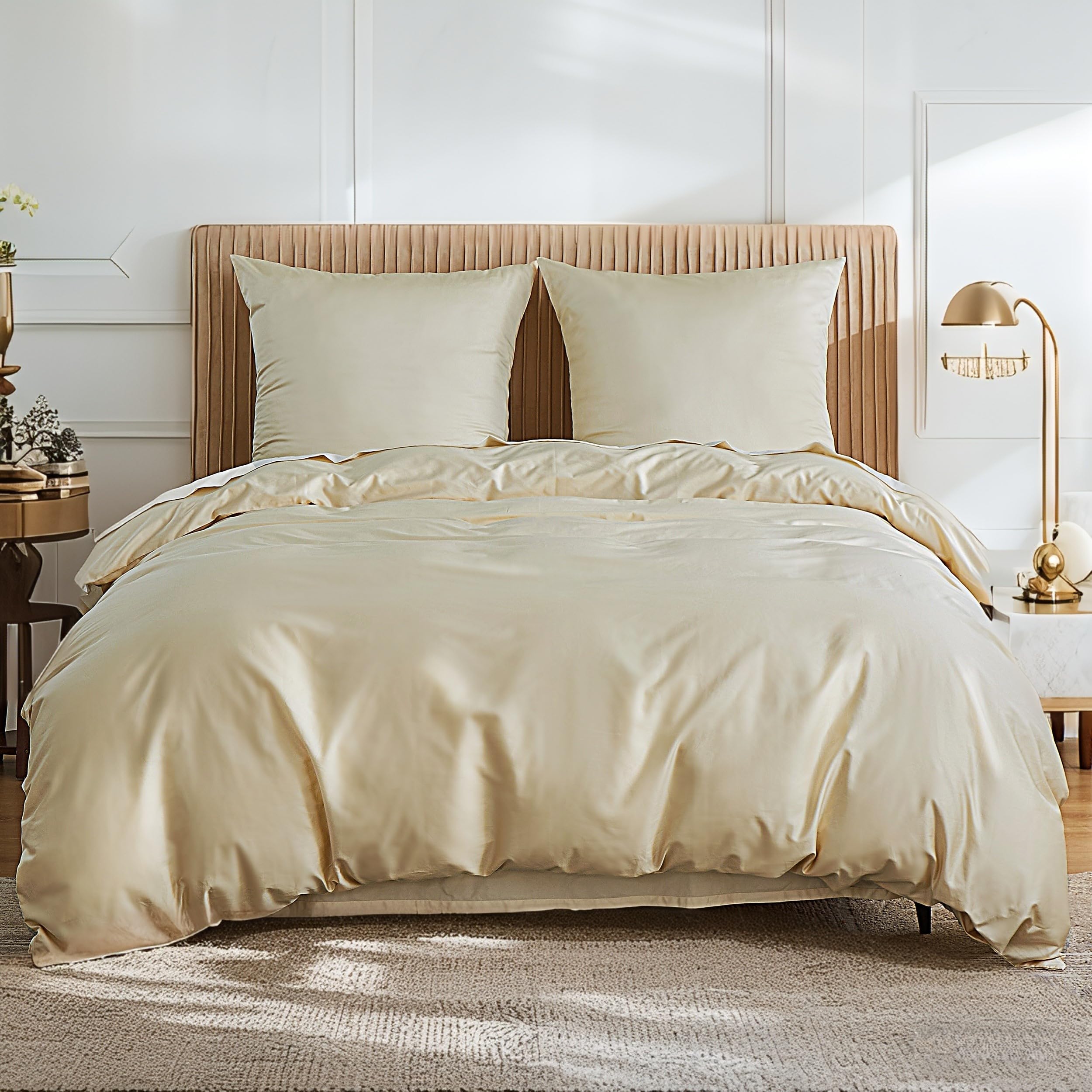 Simple&Opulence Ropa de Cama de algodón,Funda Nórdica Cama de algodón Egipcio al 100%, 400tc,135x200 + 1 Funda de Almohada 80x80, Champán Claro
