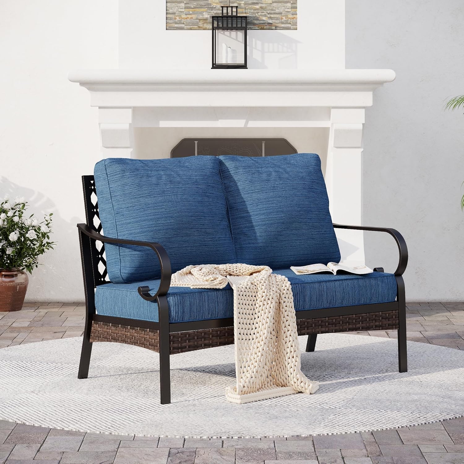 Metal Patio Furniture Loveseat with 5.75" Extra Thick Waterproof Cushion, 2-Seat Deep Seating & High-Back Black Outdoor Couch All Weather Outdoor Seating for Gazebo Porch, Peacock blue