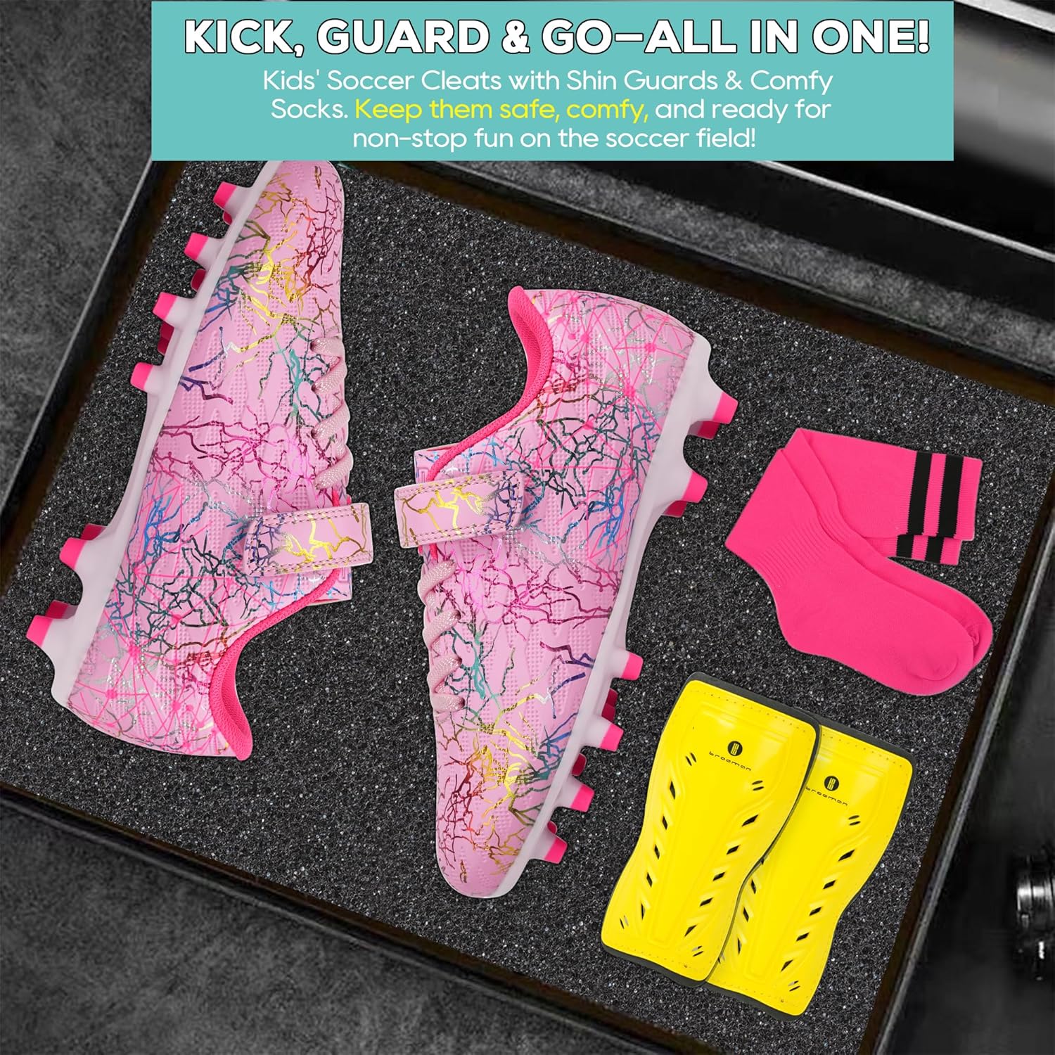 brooman Kids Firm Ground Soccer Cleats Girls Football Cleats with Shin Guards and Soccer Socks - Image 4