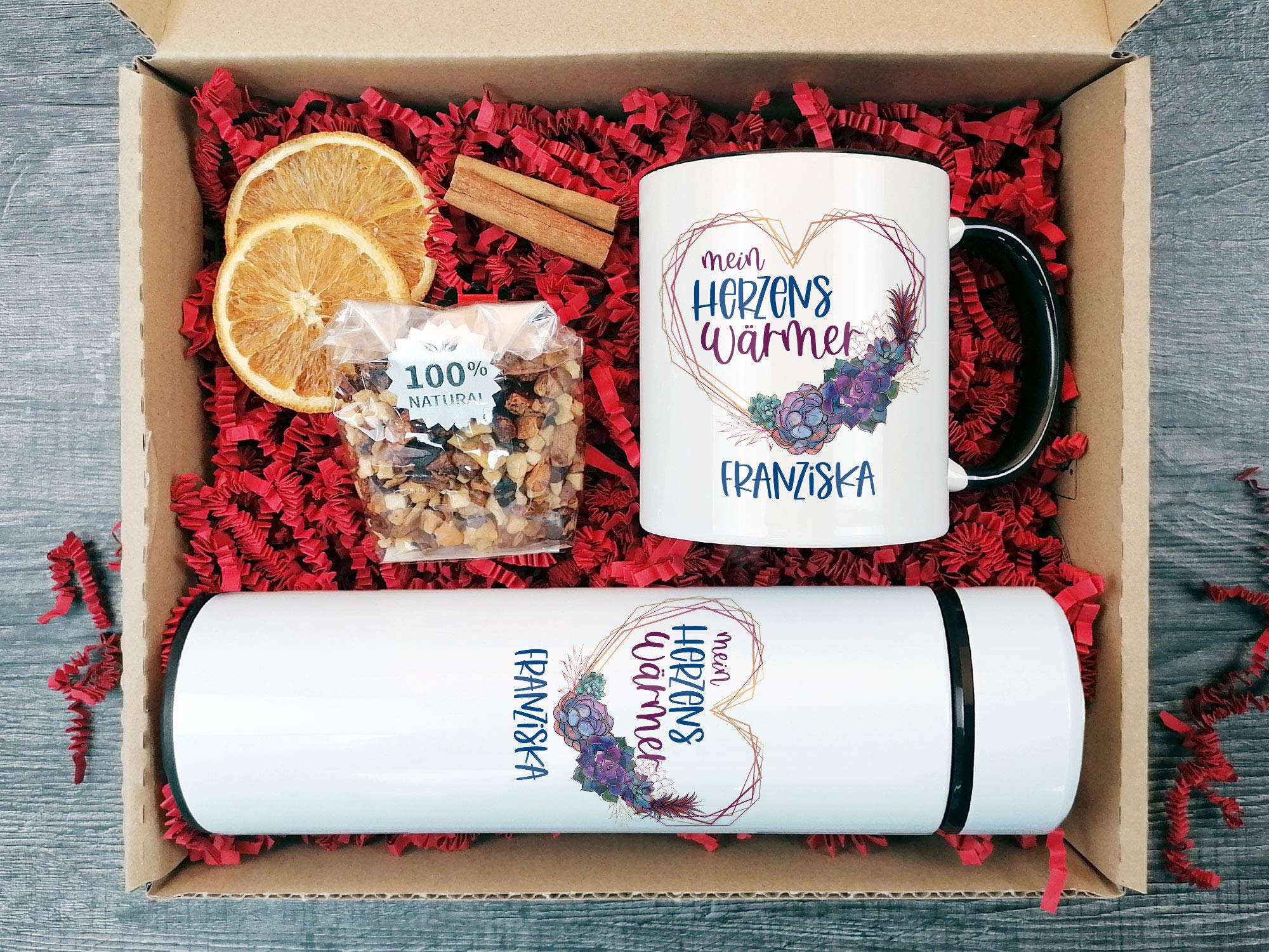 Geschenkset Frauen Tee, Thermo- Teeflasche mit Siebeinsatz, Tasse mit Bratapfeltee, personalisiertes Geschenk mit Namen, Keramik mit Edelstahl