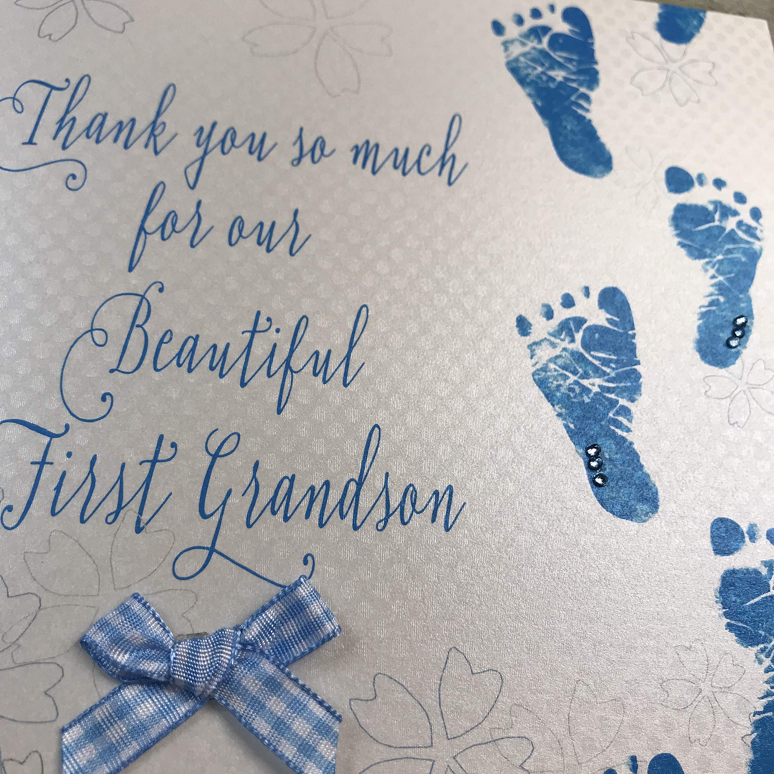 WHITE COTTON CARDS Thank you so much for our Beautiful First Grandson handmade Baby card- Blue Footprints WB300,16cm x 16cm - Image 3