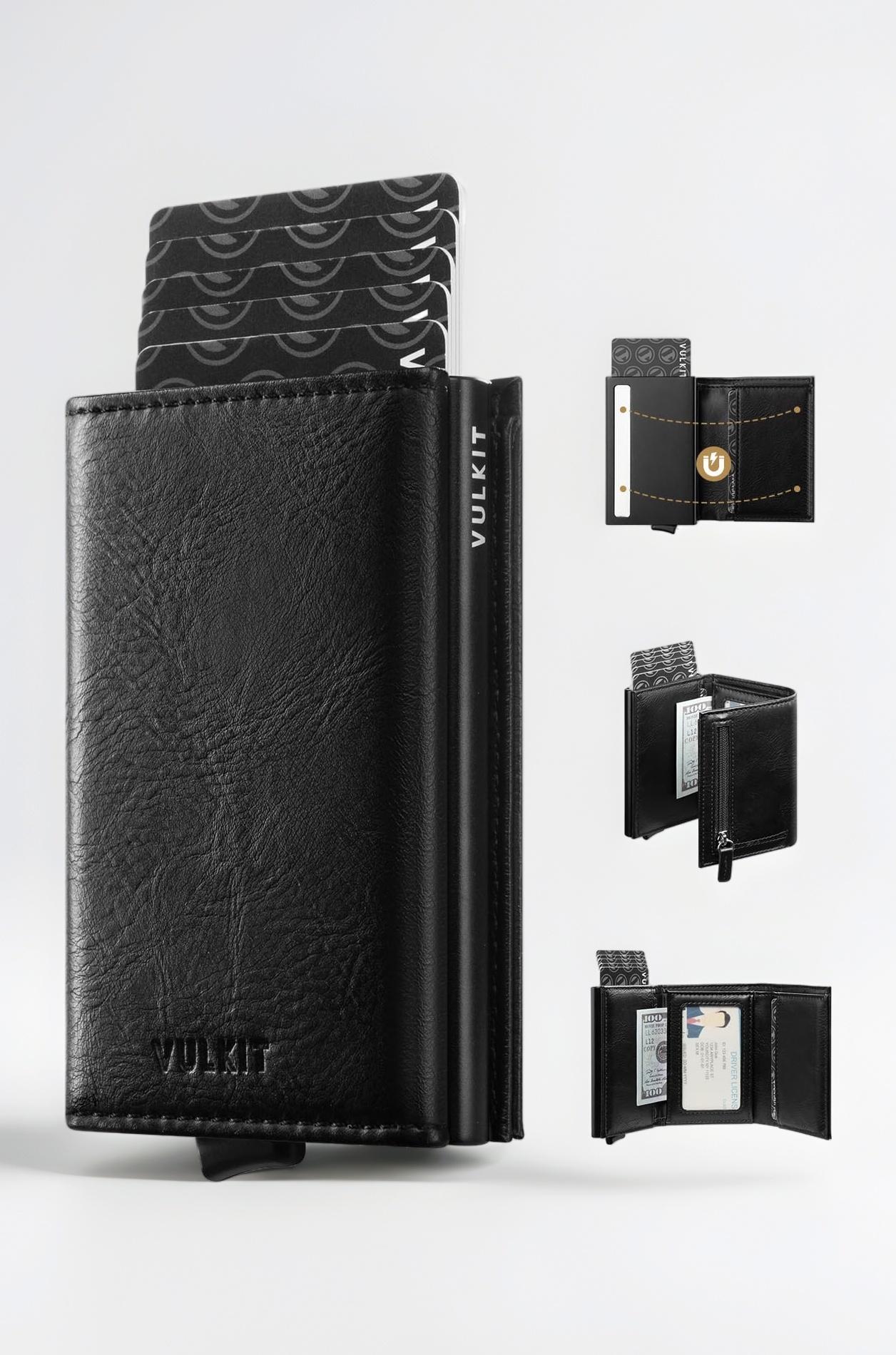 Pop up Wallet RFID Blocking Leather Credit Card Wallet with Banknote Compartment, ID Window & Coin Pocket (Black)